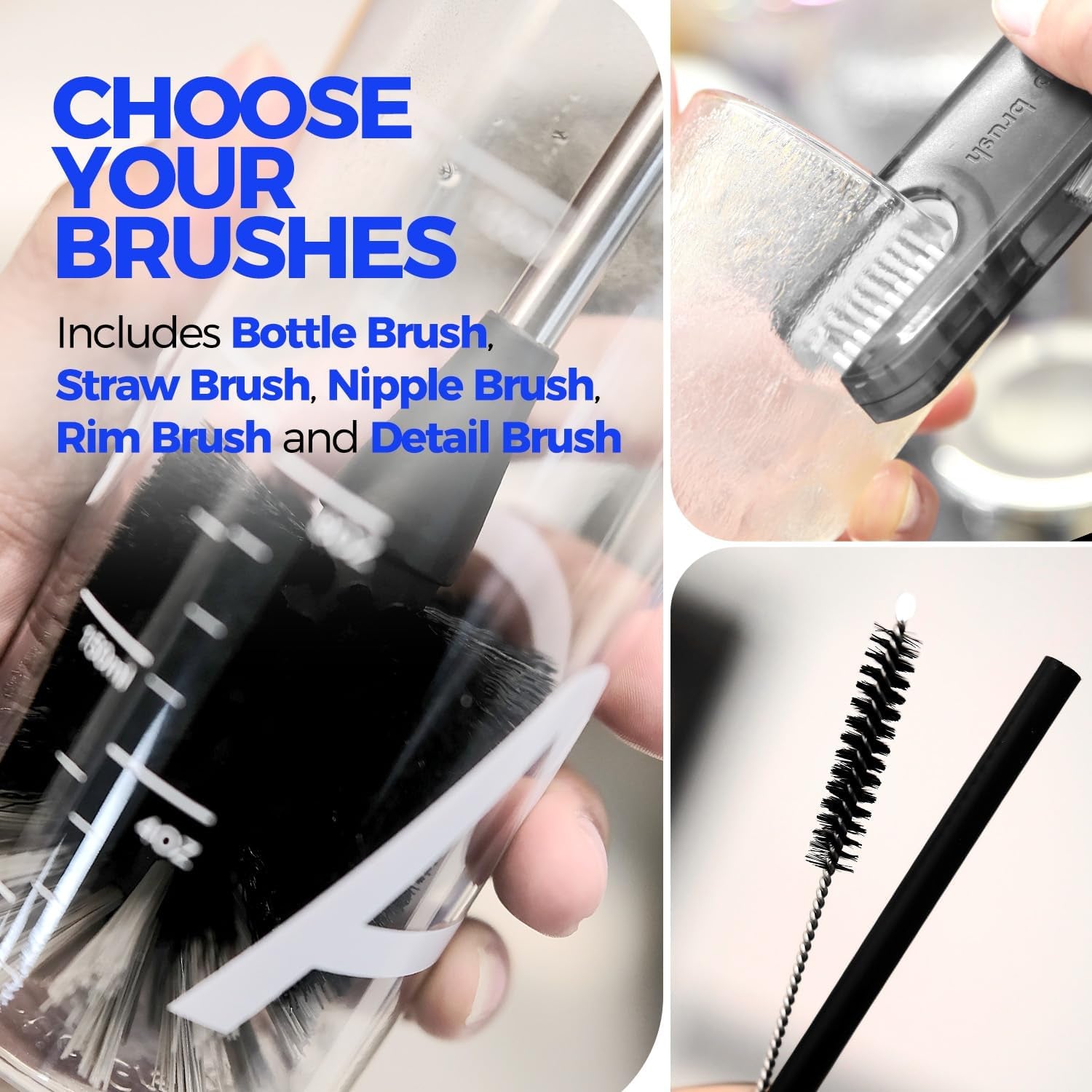 6 Pack Bottle Brush Set, 14" Long Handle Stainless Steel Bottle Cleaner Brush, 3