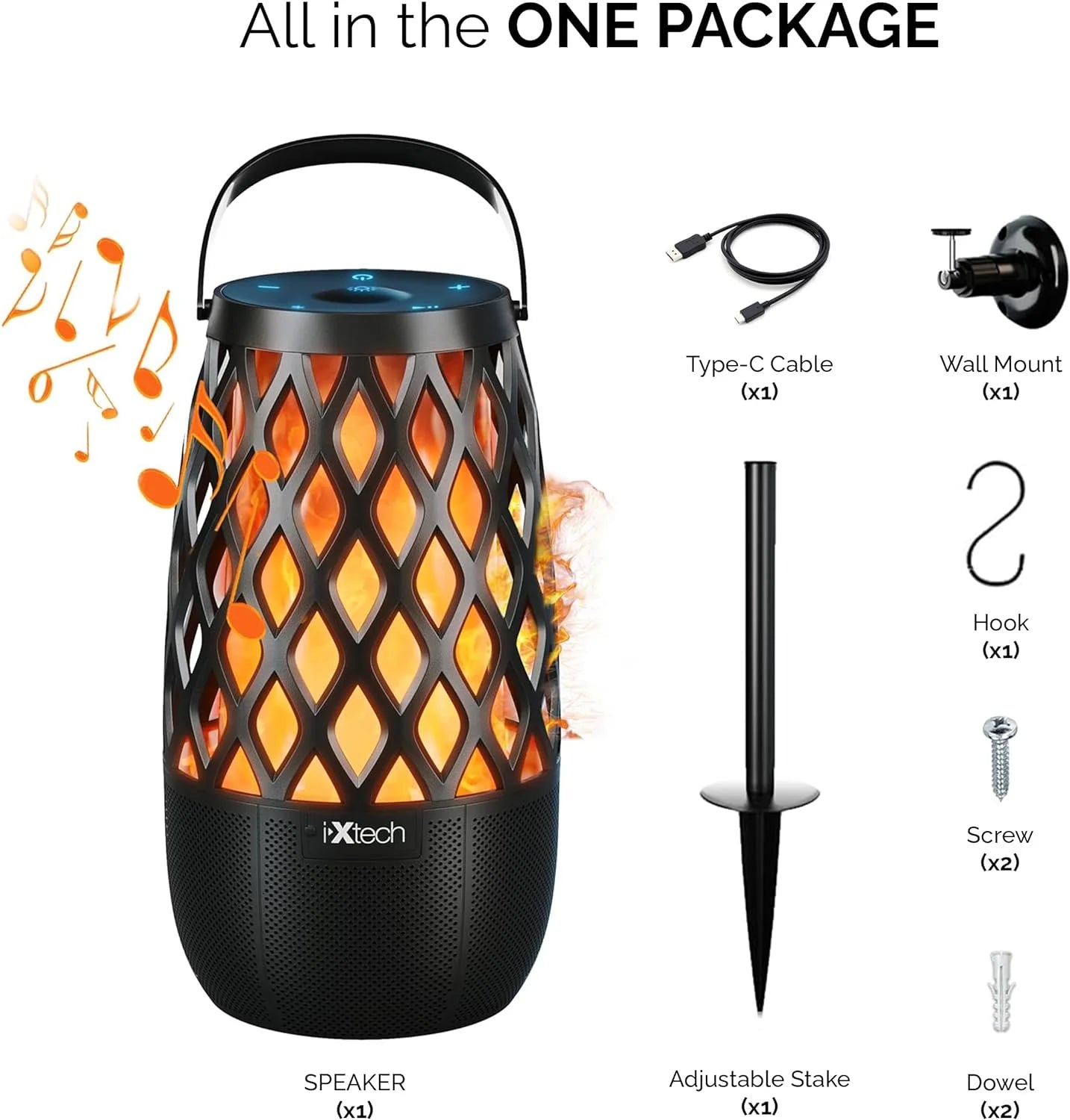 Outdoor Bluetooth Speaker Waterproof Wireless with LED Flame Light, Shower Bluetooth Speaker for Camping Patio Home Decor, Wall Mount&Hook&Stake 1 Pack Fireball