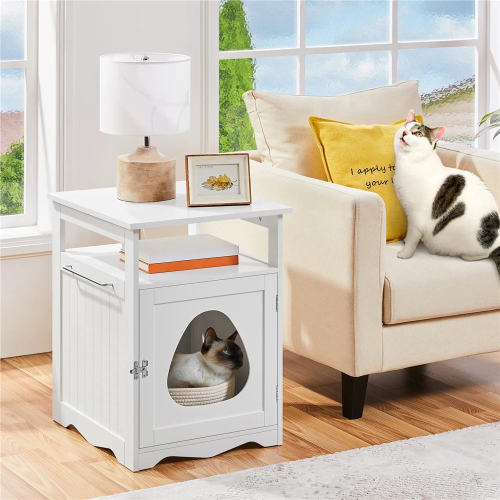 Wooden Cat Litter Box Enclosure with Open Shelf,White