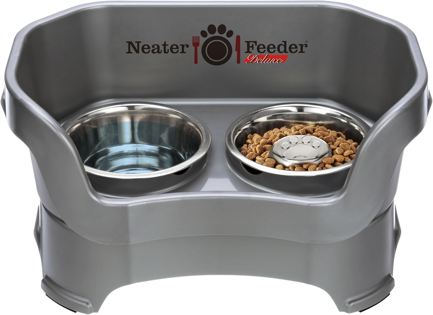 Neater Feeder Deluxe Mess Proof Dog Bowls Elevated for Small Dogs under 19 Lbs, Made in USA, No Spill Raised Dog Food Bowl Stand Feeding Station, Food and Water Bowl Set, Grey