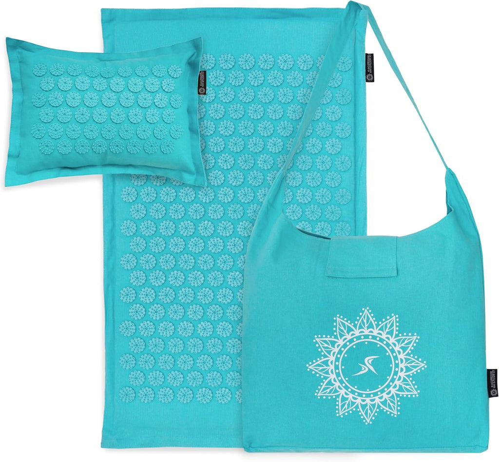 Ki Acupressure Mat and Pillow Set with 100% Natural Linen for Back/Neck Pain Relief and Muscle Relaxation, Sand Dunes