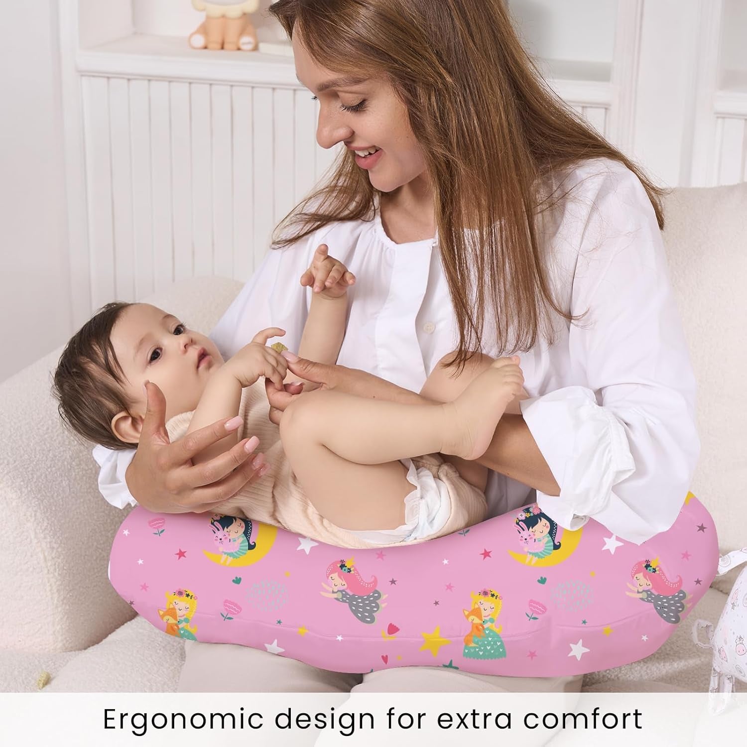 Nursing Pillow for Breastfeeding, Breathable Breast Feeding Pillow and Positioner with Removable Cover for More Support, Tummy Time and Bottle Feeding Support Pillow, Moon Fairy