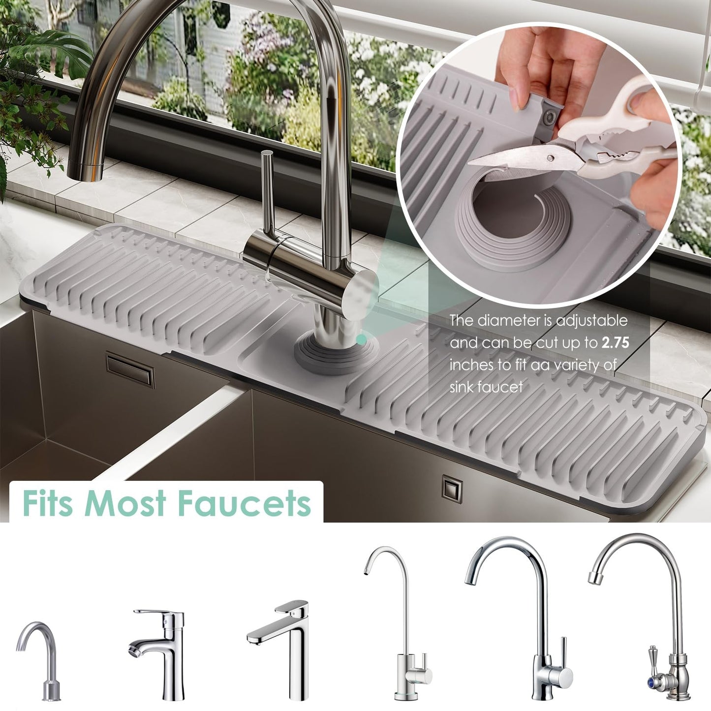 24 Inch Silicone Faucet Mat for Kitchen Sink Splash Guard - 6 Slope Water