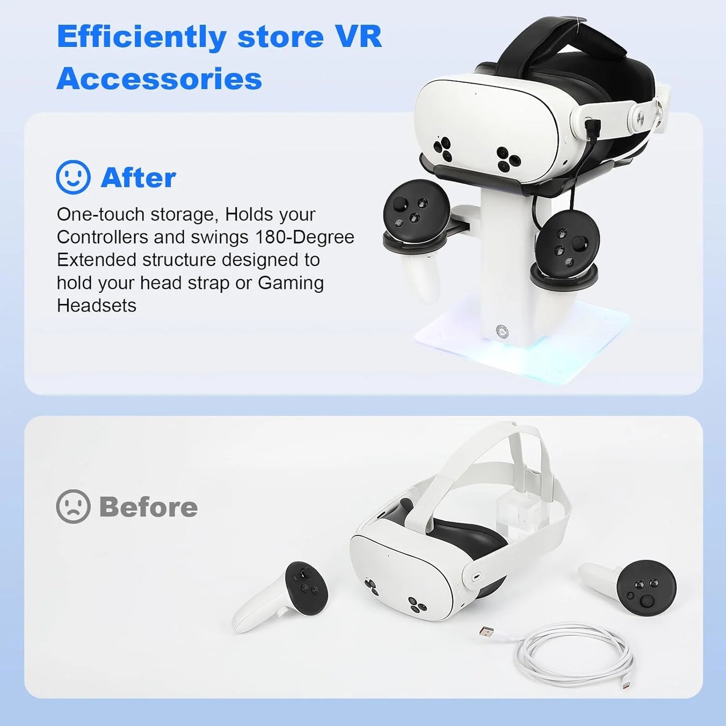 VR Stand Headset Charging Dock for Quest 3S/Quest 3/Quest 2, VR Headset Display Stand and Stable Bracket Storage Base, Bottom RGB LED Light