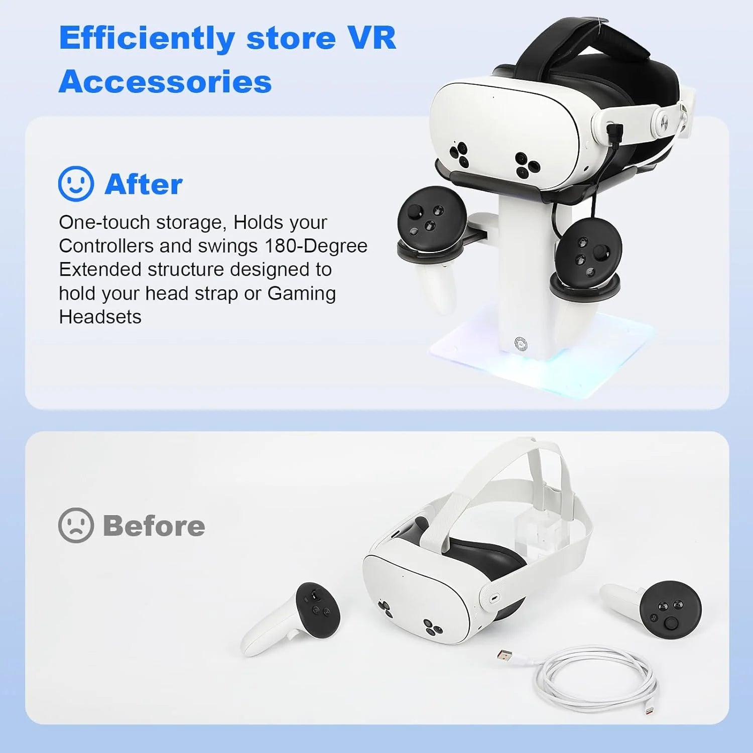 VR Stand Headset Charging Dock for Quest 3S/Quest 3/Quest 2, VR Headset Display Stand and Stable Bracket Storage Base, Bottom RGB LED Light