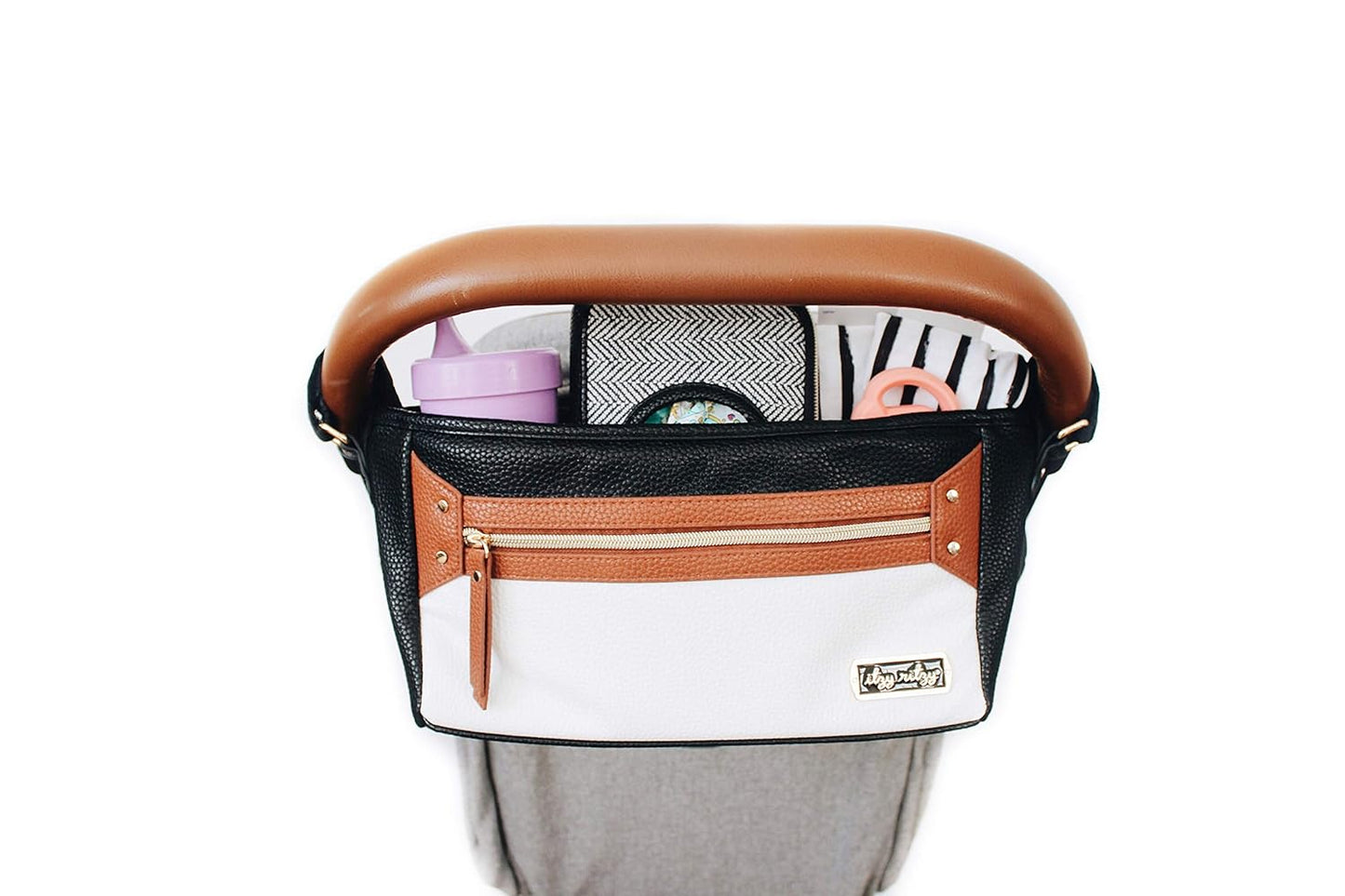 Adjustable Stroller Caddy / Organizer - Stroller Organizer Bag Featuring Front Zippered Pocket, 2 Built-In Interior Pockets & Straps to Fit Nearly Any Model (Black with Gold Hardware)