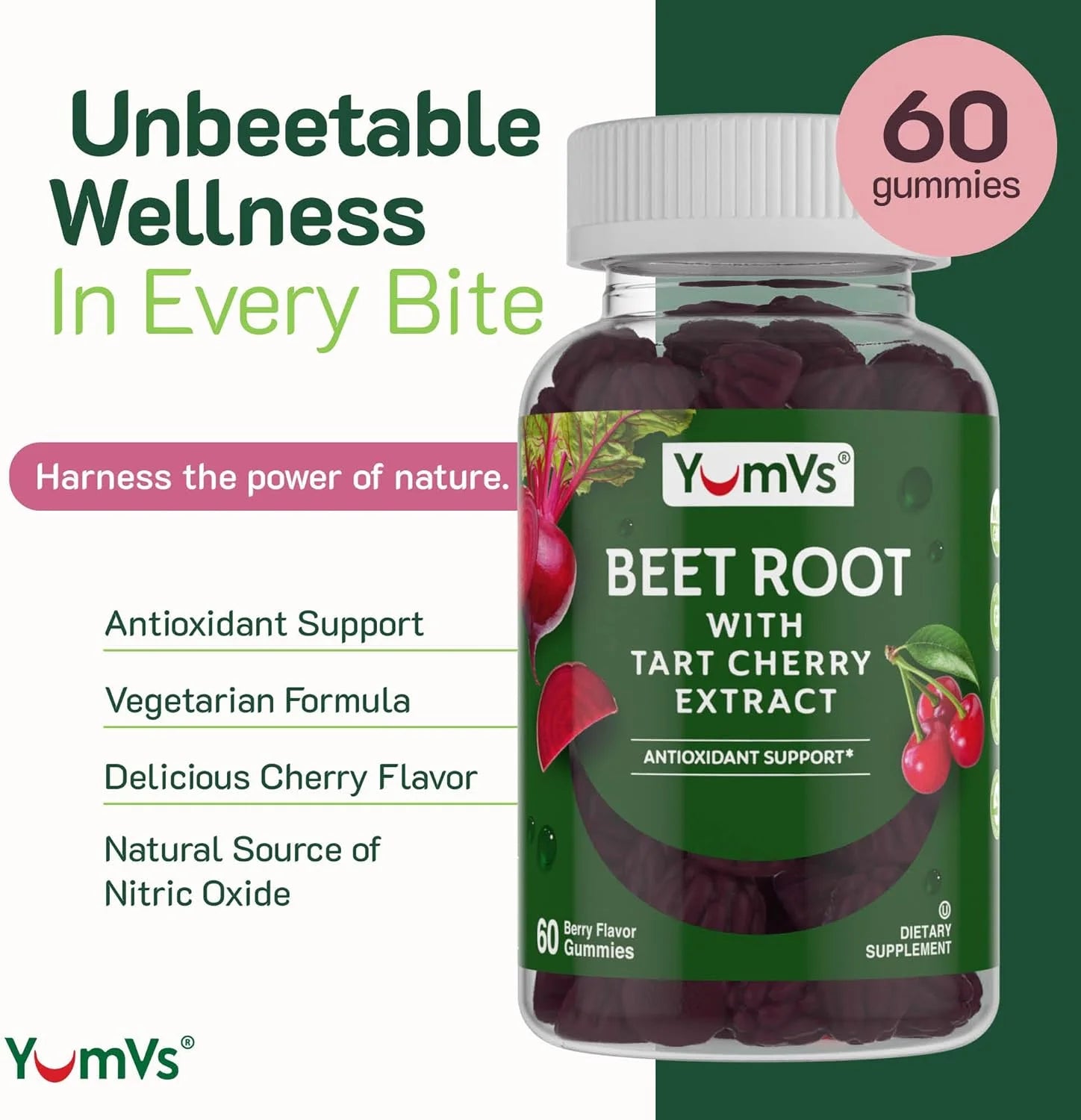 Yum-V’S Beet Root Gummies with Tart Cherry Extract for Blood Circulation and Antioxidant Support, Berry Flavor 60 Count