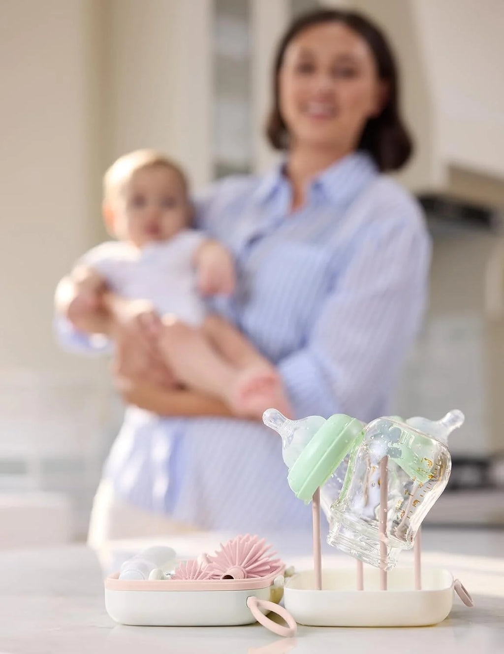 Bottle Brush Set - Baby Bottle Cleaner Kit with Silicone Brush, Nipple Brush, Straw Brush, Soap Dispenser, Drying Rack - 7 in 1 Bottle Cleaning Tool for Home and Travel, Pink