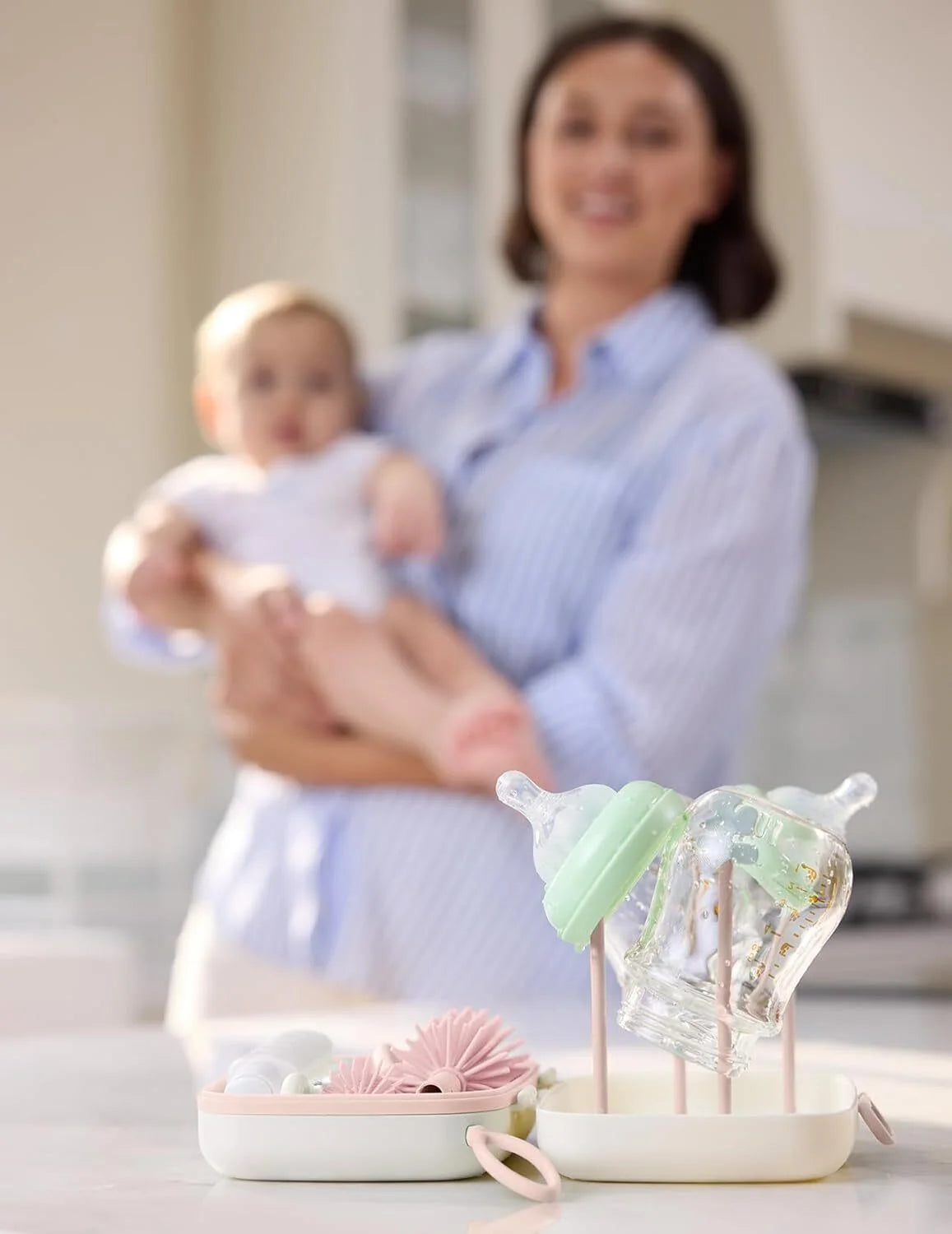 Bottle Brush Set - Baby Bottle Cleaner Kit with Silicone Brush, Nipple Brush, Straw Brush, Soap Dispenser, Drying Rack - 7 in 1 Bottle Cleaning Tool for Home and Travel, Pink