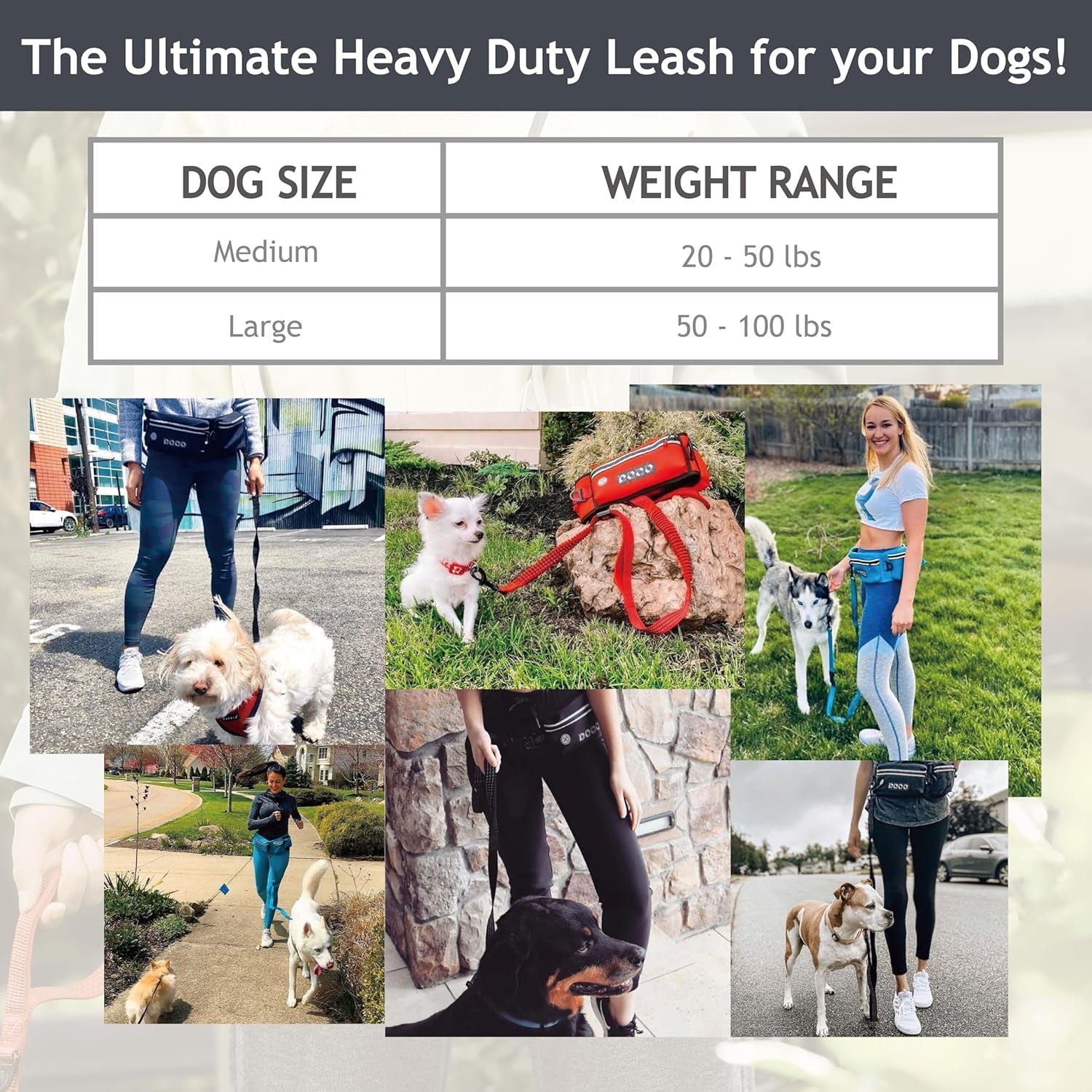 Hands Free Dog Leash (Waist 26”- 48”, Leash- 1”X 5Ft) Waist Belt for Walking, Running, Training & Hiking, Bungee with Dual Handles, Adjustable Fit, Reflective Safety Design for Large Dogs (Black)