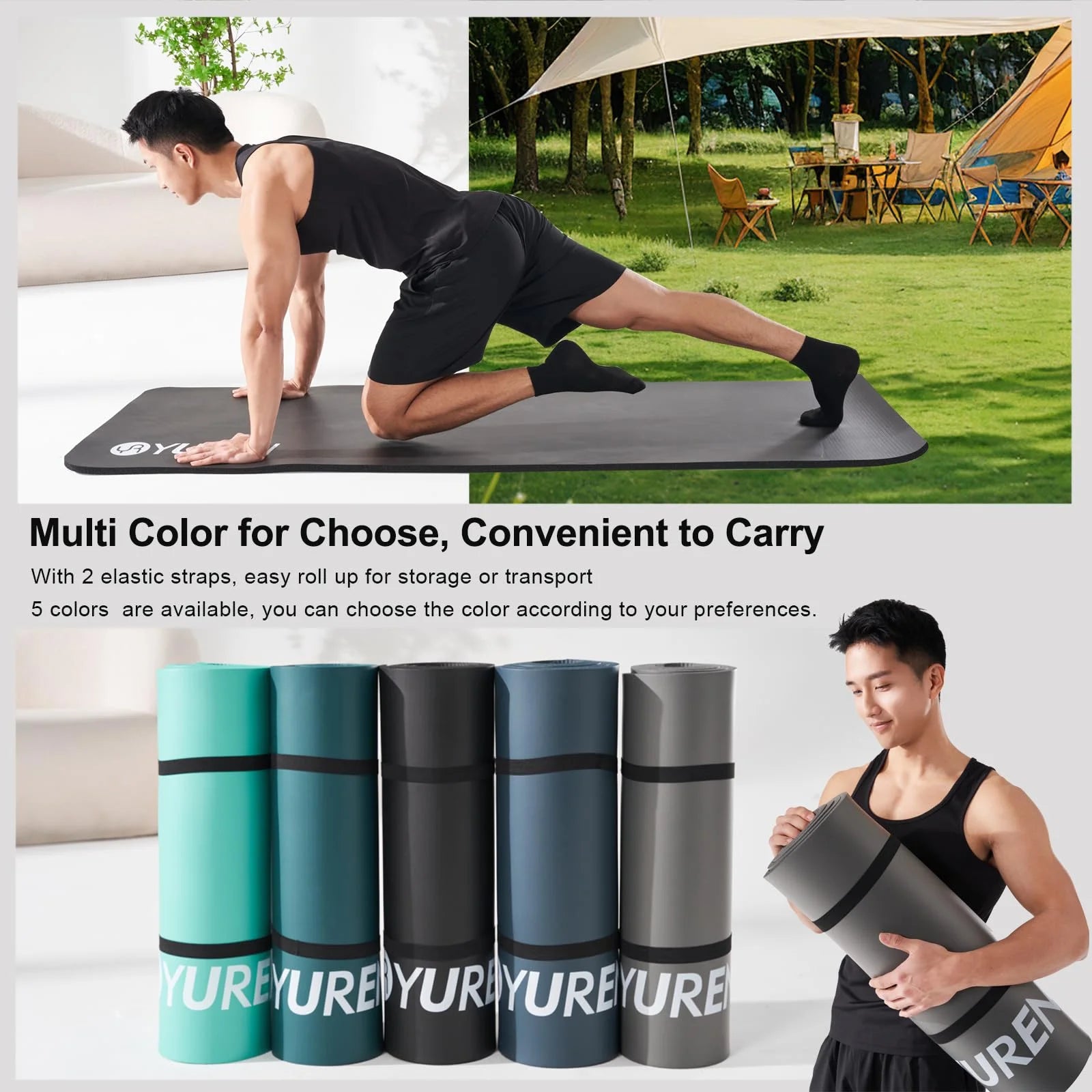 Yoga Mat Thick 15Mm/20Mm Hi-Density NBR Foam In/Outdoor Pilates Exercise Mats, Black W/ Bag