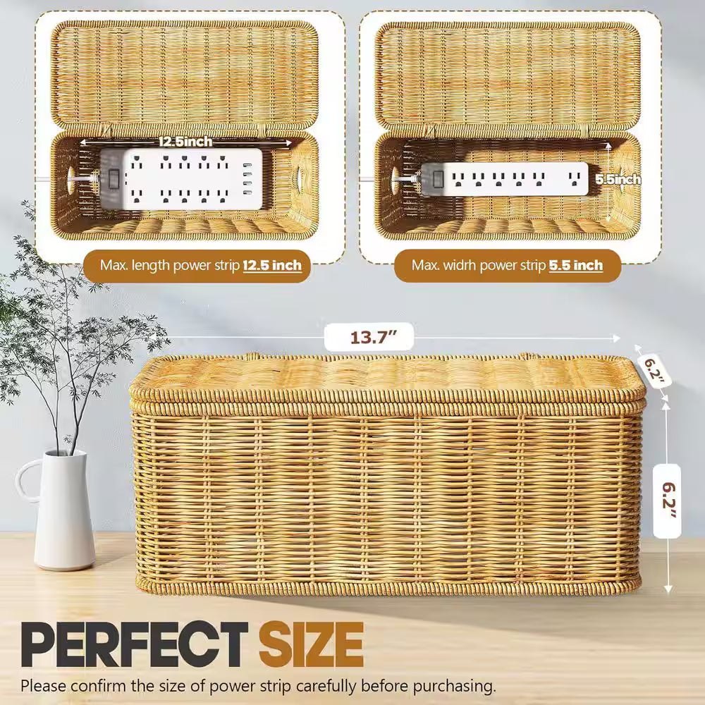 Cable Management Box, 2 0.51 Ft. Open Slots Cord Organizer Hider Box with Handwoven (Light Brown)
