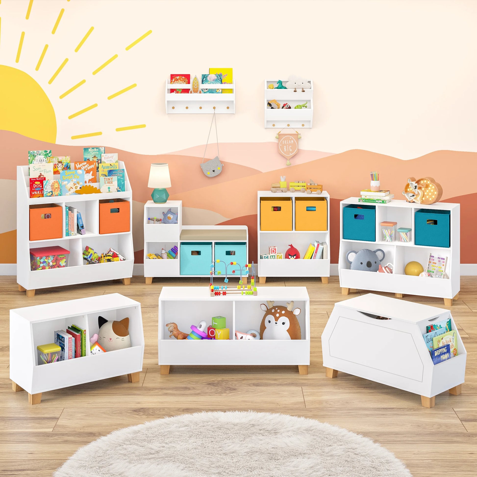 Kids Catch-All 35In Storage Organizer with Cubbies, Bins, and Bookracks - White