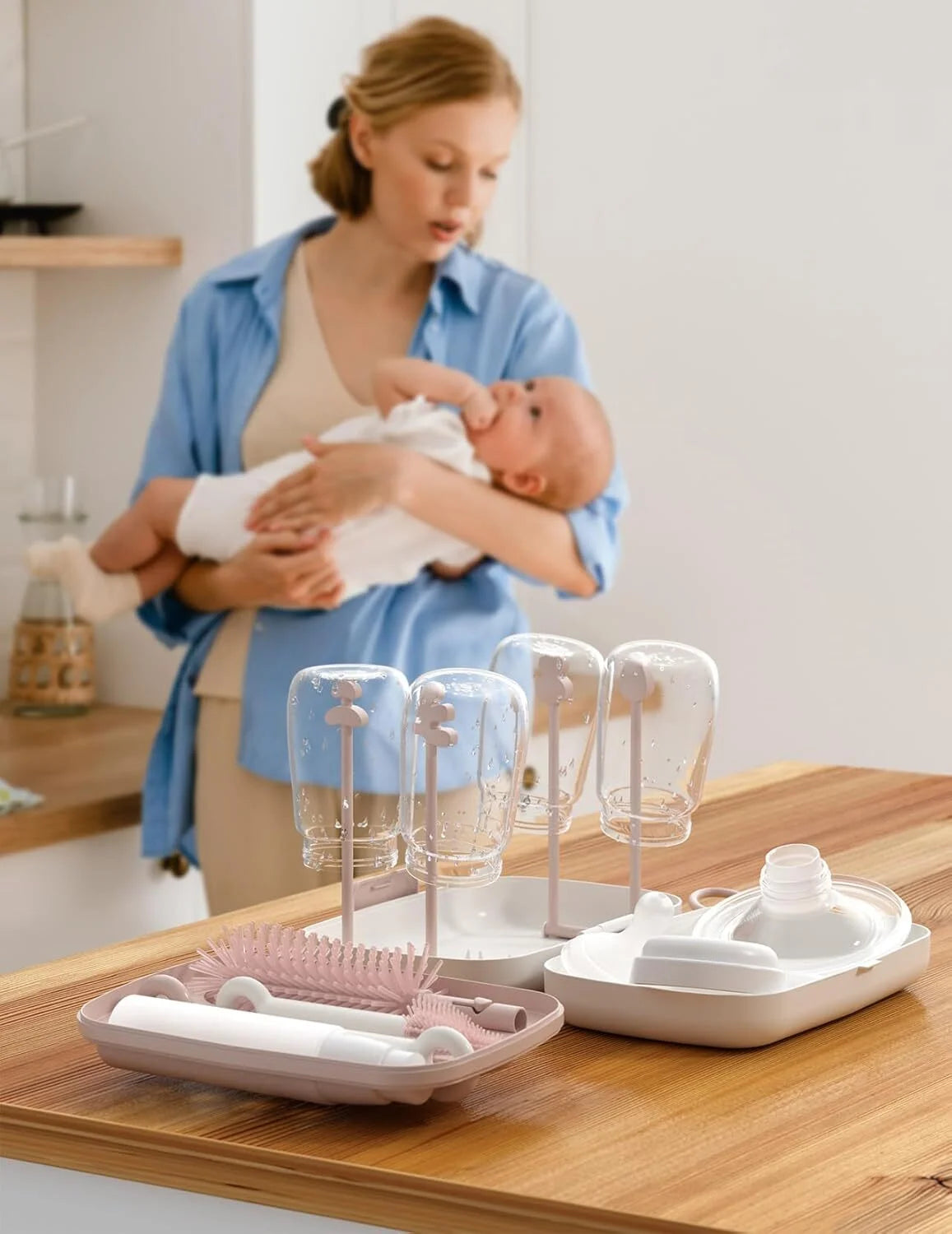 Bottle Brush Set - Baby Bottle Cleaner Kit with Silicone Brush, Nipple Brush, Straw Brush, Soap Dispenser, Drying Rack - 7 in 1 Bottle Cleaning Tool for Home and Travel, Pink