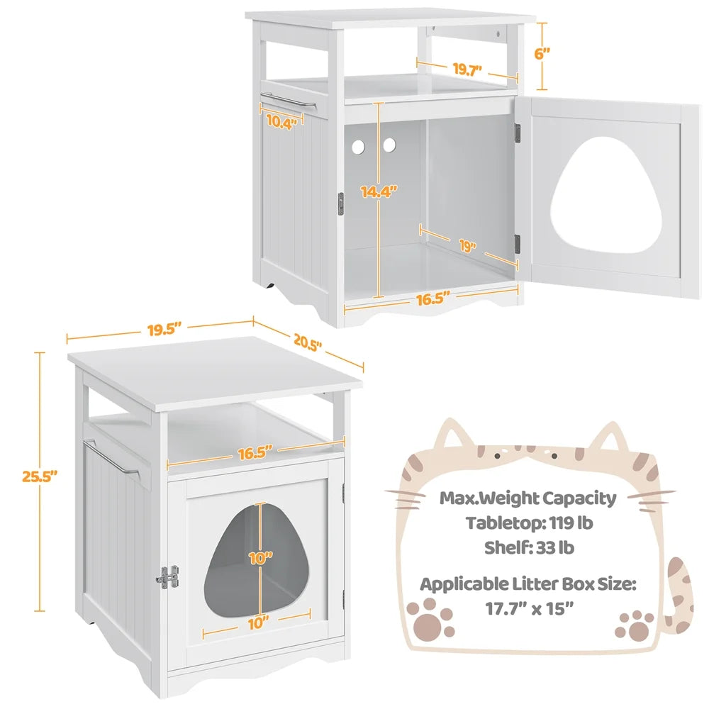 Wooden Cat Litter Box Enclosure with Open Shelf,White