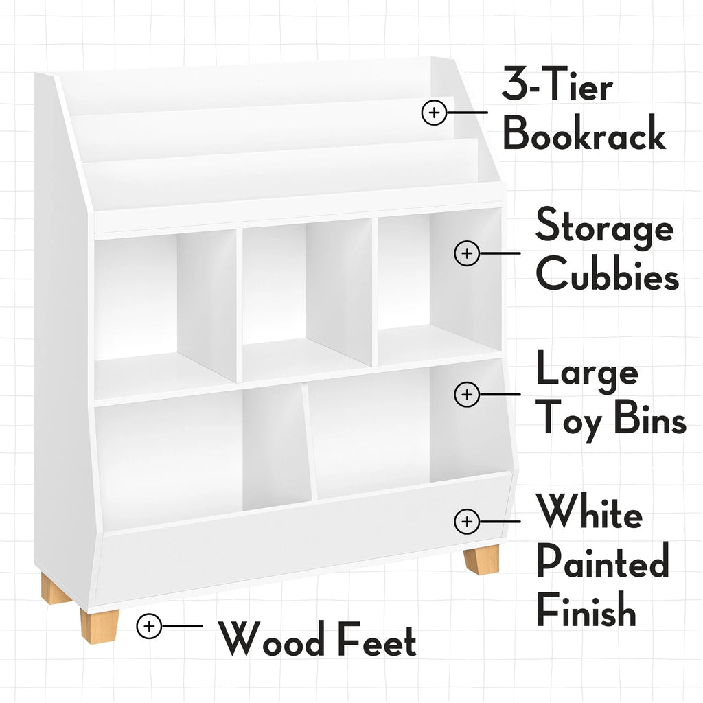 Kids Catch-All 35In Storage Organizer with Cubbies, Bins, and Bookracks - White