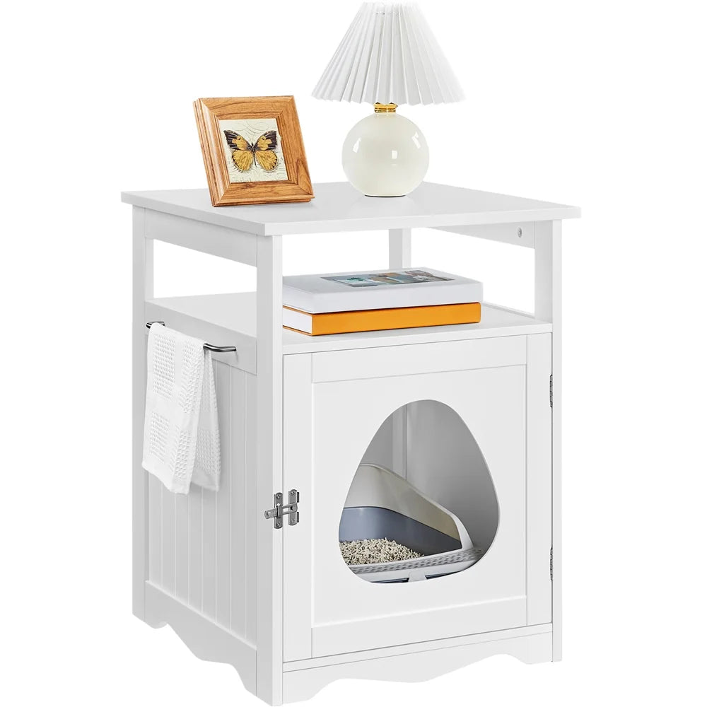 Wooden Cat Litter Box Enclosure with Open Shelf,White