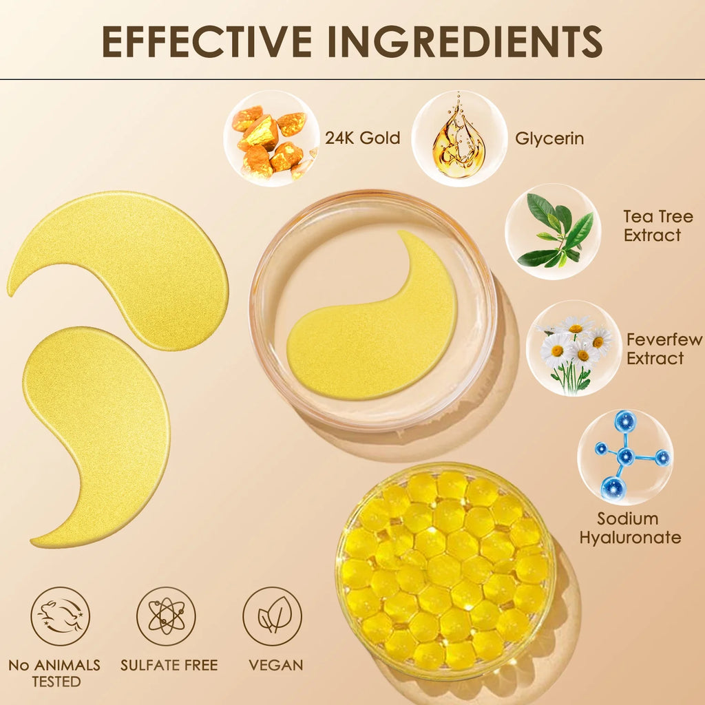 24K Gold Eye Mask Collagen Patches for Hydrating and Firming, Reduce Fine Line, Eye Bags, Wrinkles and Dark Circles-60Pcs