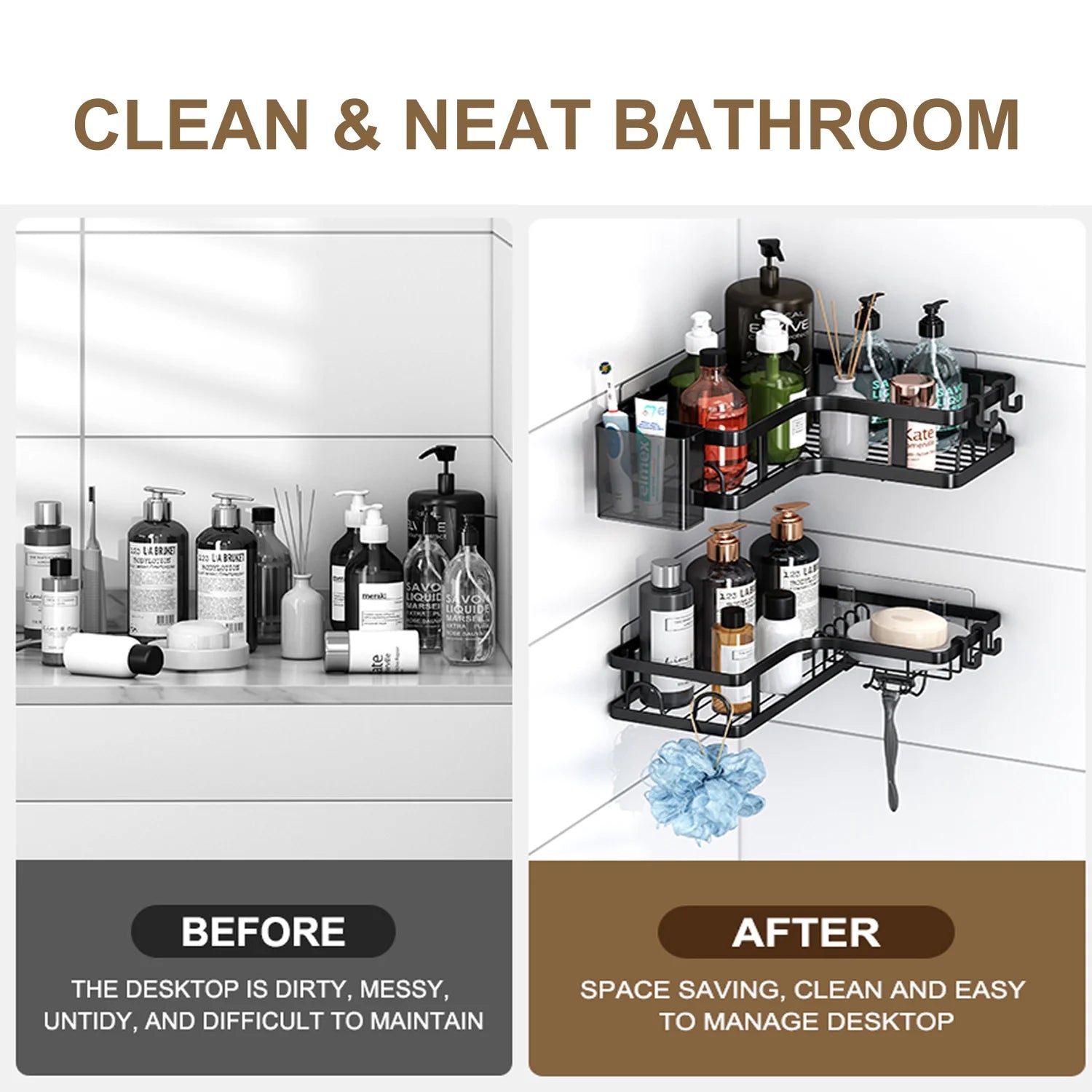 5 PCS Corner Shower Caddy, No Drilling Stainless Steel Shower Storage Rack with Hooks & Toothpaste Holder for Bathroom, Black