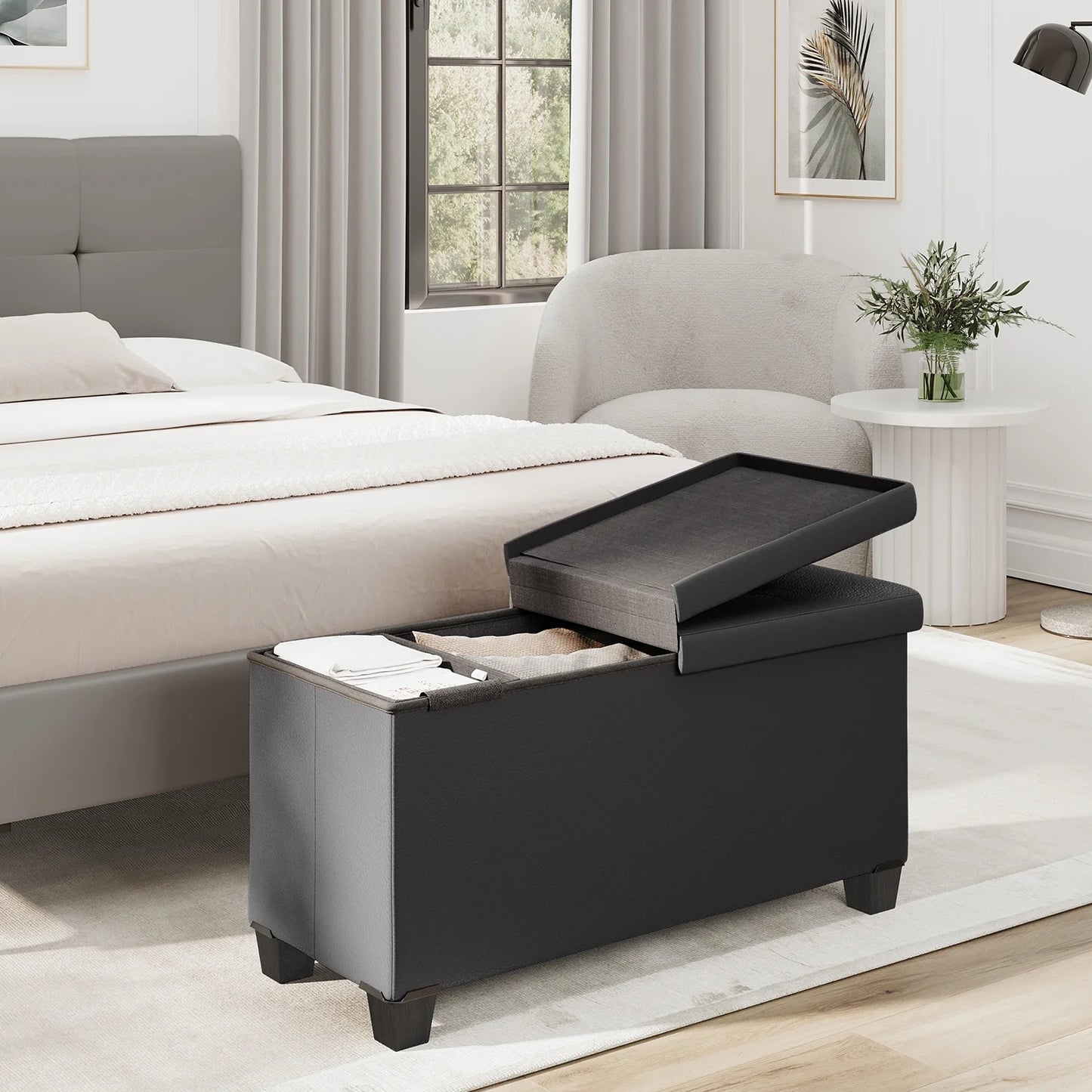 Ottoman Storage Bench, Faux Leather 30" Storage Ottoman Bench, Gray