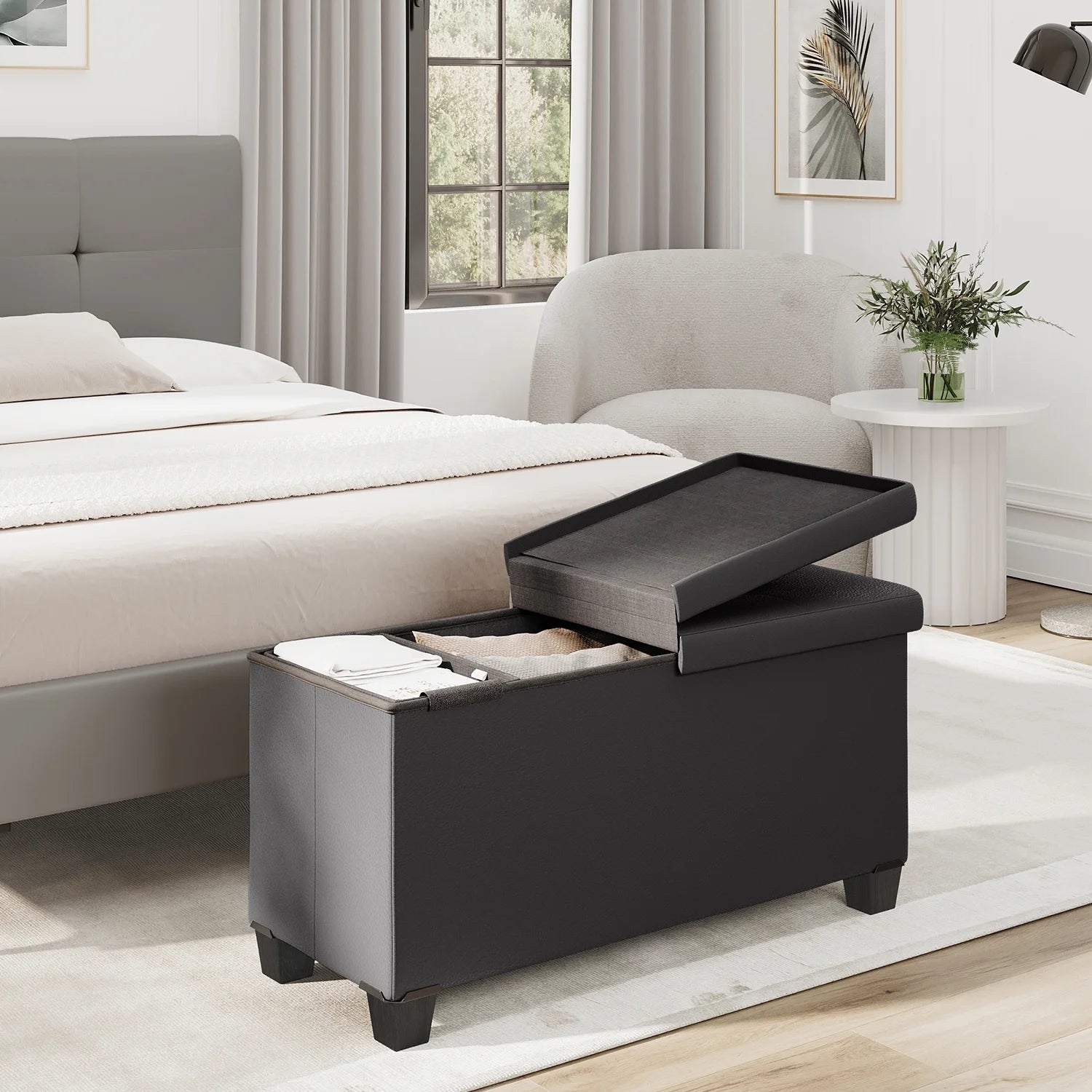 Ottoman Storage Bench, Faux Leather 30" Storage Ottoman Bench, Gray