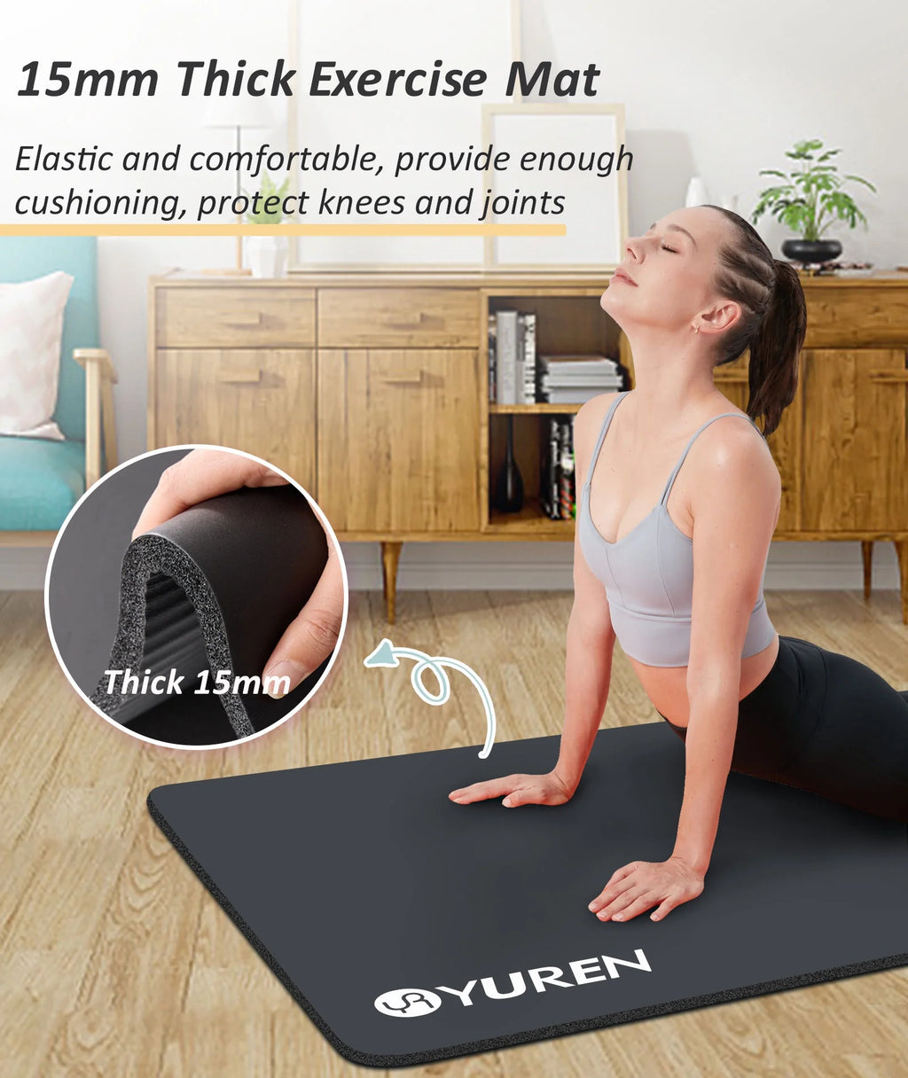 Yoga Mat Thick 15Mm/20Mm Hi-Density NBR Foam In/Outdoor Pilates Exercise Mats, Black W/ Bag