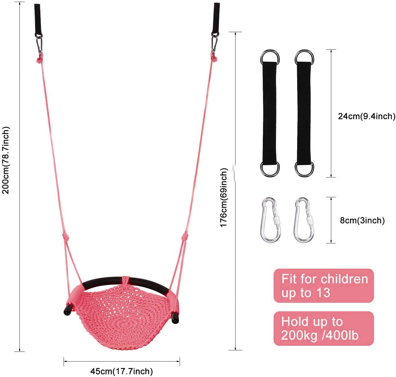 Swing Seat for Kids Heavy Duty Rope Play Secure Children Swing Set,Perfect for Indoor,Outdoor,Playground,Home,Tree,With Snap Hooks and Swing Straps,440 Lbs Capacity,Pink