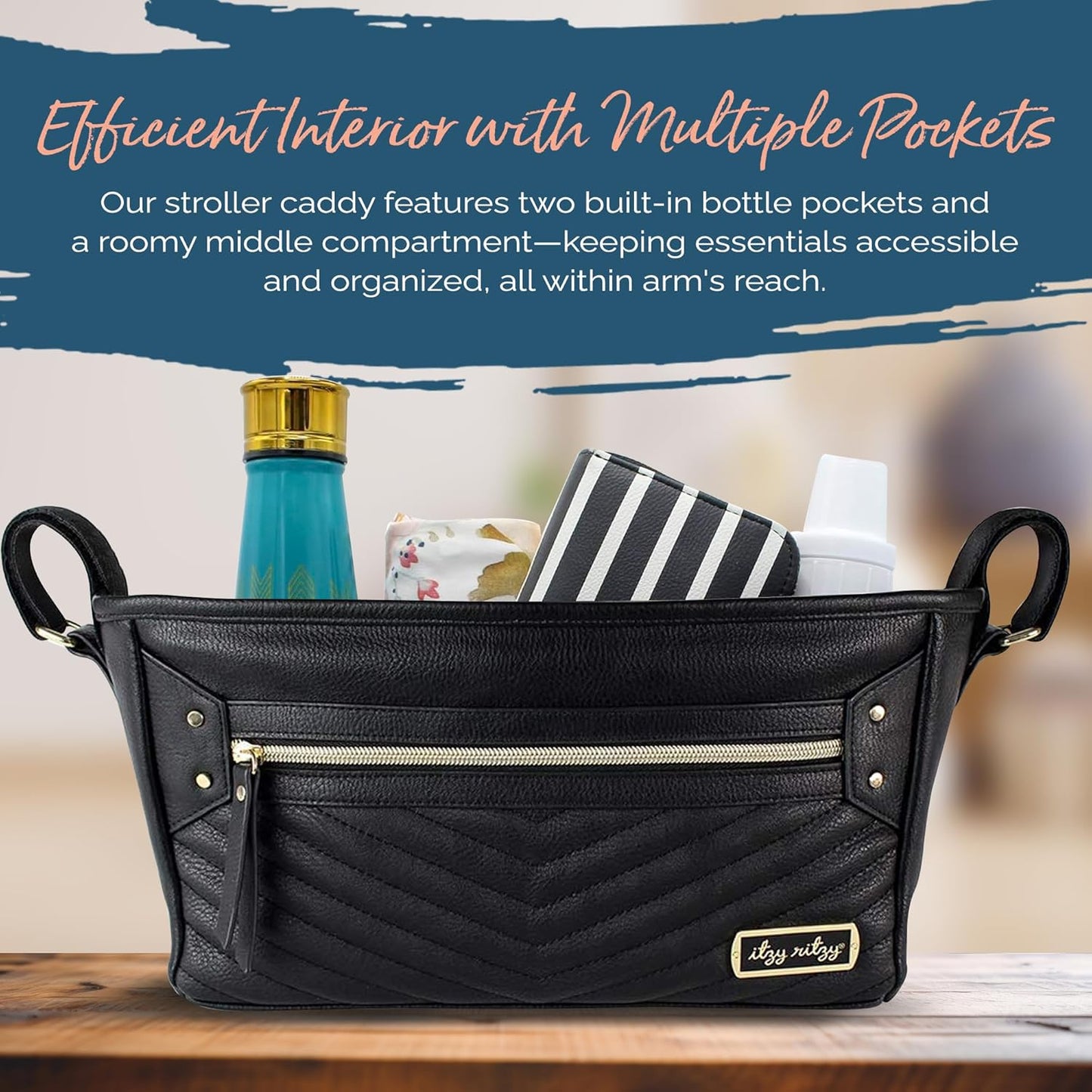 Adjustable Stroller Caddy / Organizer - Stroller Organizer Bag Featuring Front Zippered Pocket, 2 Built-In Interior Pockets & Straps to Fit Nearly Any Model (Black with Gold Hardware)