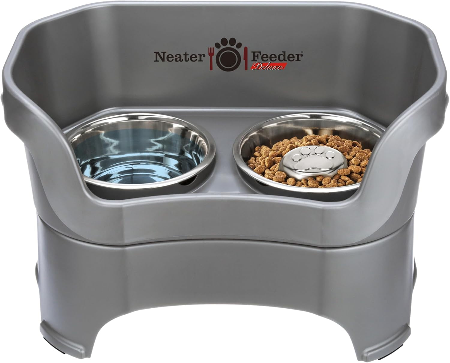 Neater Feeder Deluxe Mess Proof Dog Bowls Elevated for Small Dogs under 19 Lbs, Made in USA, No Spill Raised Dog Food Bowl Stand Feeding Station, Food and Water Bowl Set, Grey