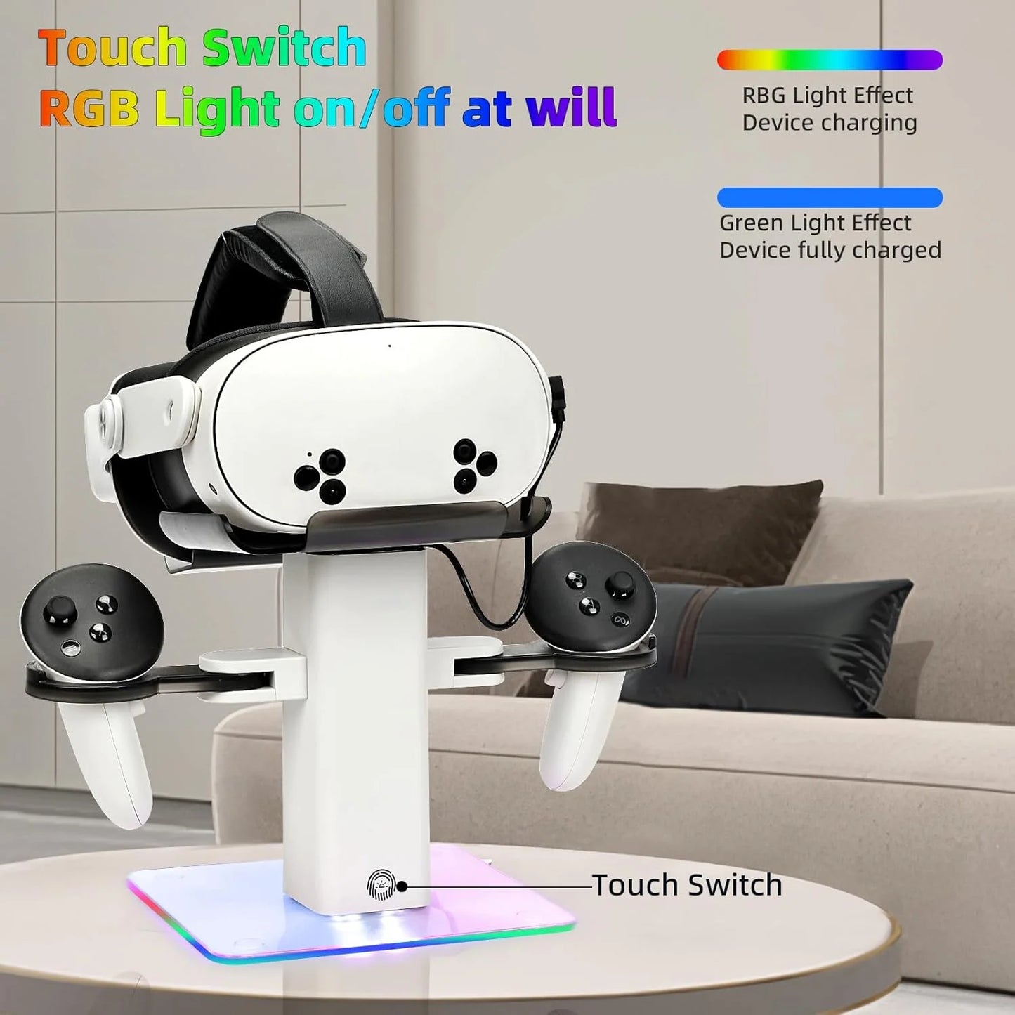 VR Stand Headset Charging Dock for Quest 3S/Quest 3/Quest 2, VR Headset Display Stand and Stable Bracket Storage Base, Bottom RGB LED Light