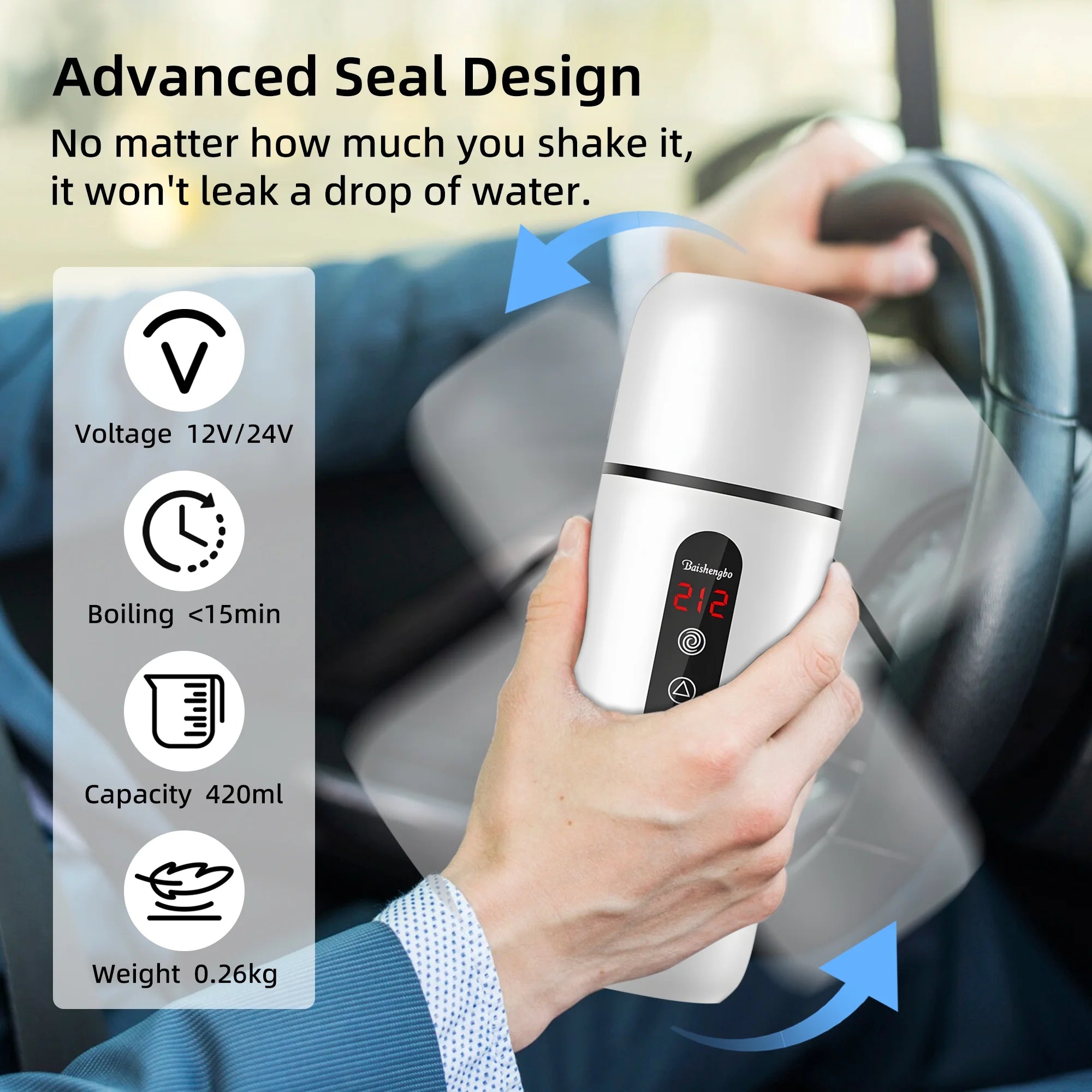 Car Kettle, 12V/24V Portable Travel Electric Kettle for Car Heated Travel Mug, Temperature Adjustable Mini Water Boiler for Tea Coffee Milk, 420ML