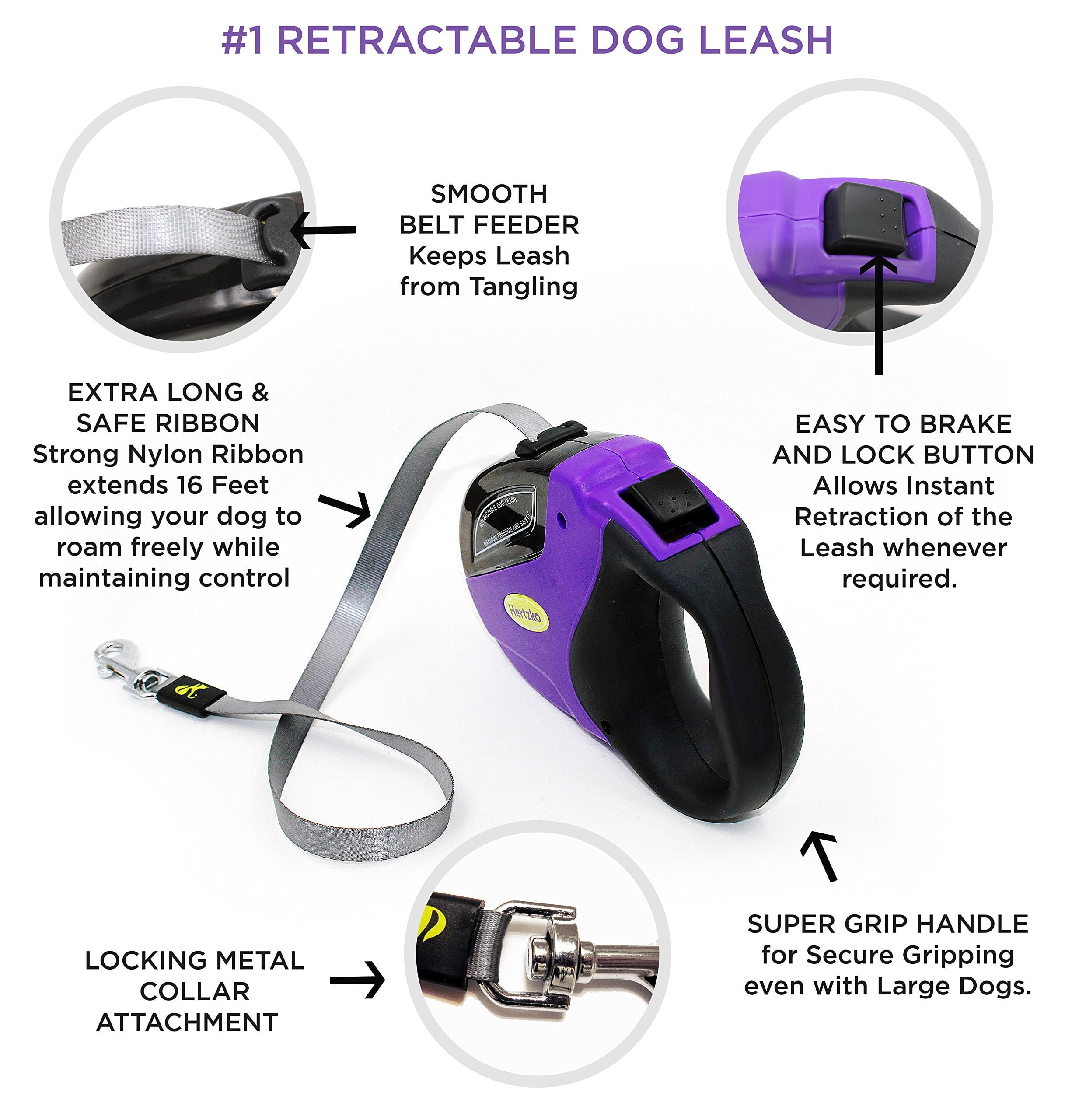 Heavy Duty Retractable Dog Leash - Purple and Black, 16 Foot, Supports up to 110Lbs - Ideal Retractable Dog Leashes for Small, Medium & Large Dogs, Heavy Duty Purple Dog Leash with Thick Rope