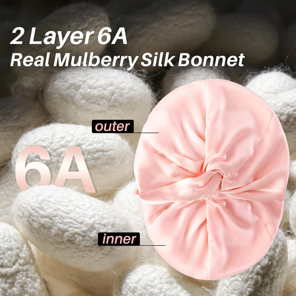 100% Mulberry Silk-Bonnet for Sleeping Women/Men for Curly/Thin/Short/Medium/Braids Hair, Real Silk Wrap Bonnet for Sleeping, Silk Sleep Night Cap for Hair Care, Light Pink