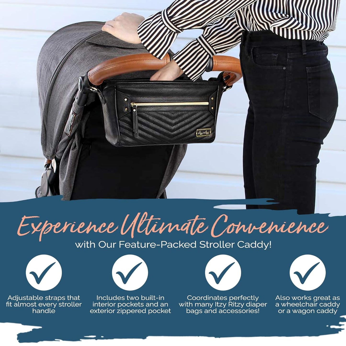 Adjustable Stroller Caddy / Organizer - Stroller Organizer Bag Featuring Front Zippered Pocket, 2 Built-In Interior Pockets & Straps to Fit Nearly Any Model (Black with Gold Hardware)
