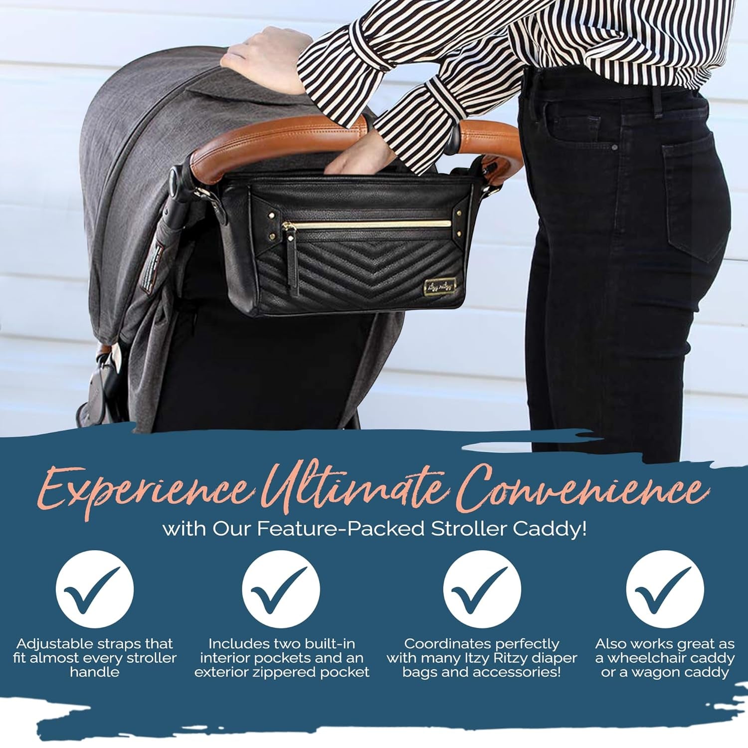 Adjustable Stroller Caddy / Organizer - Stroller Organizer Bag Featuring Front Zippered Pocket, 2 Built-In Interior Pockets & Straps to Fit Nearly Any Model (Black with Gold Hardware)