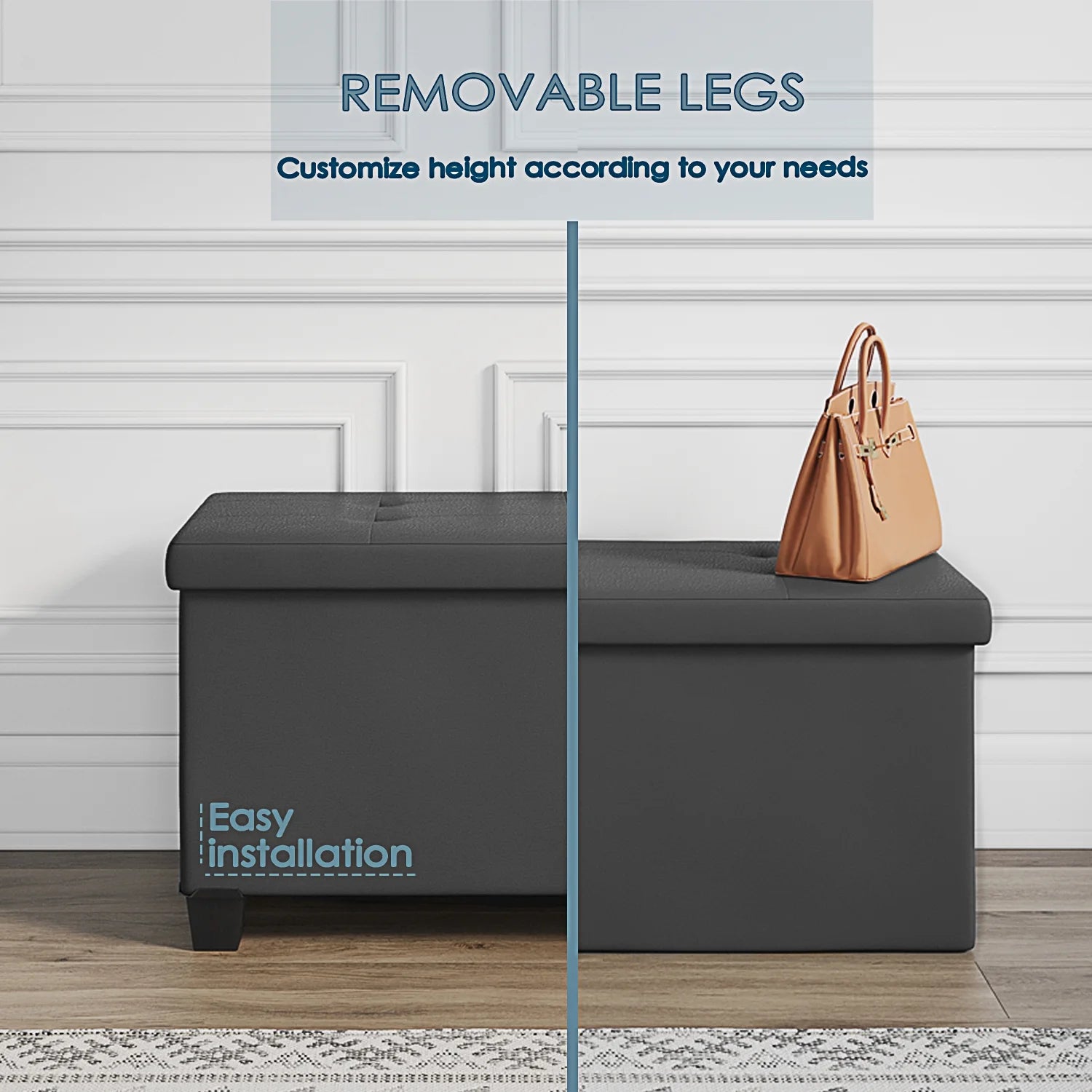 Ottoman Storage Bench, Faux Leather 30" Storage Ottoman Bench, Gray