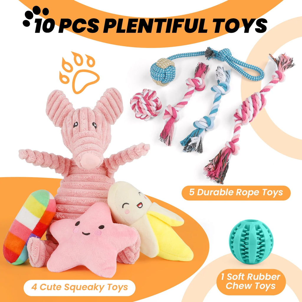 Dog Toys for Small Dogs ,10 Pack Puppy Chew Toys for Teething and Training with Plush Squeaky Toys, Treat Ball and Rope Toys to Keep Them Busy,Pink Pig