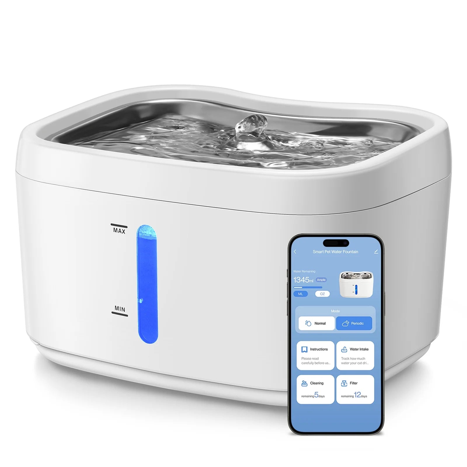 Cat Water Fountain with Phone App Monitoring, 2.5L Automatic Pet Water Fountain with Quiet Pump Inside, Smart Fountain with Magnetic Tray for Cats, Dogs, Pets