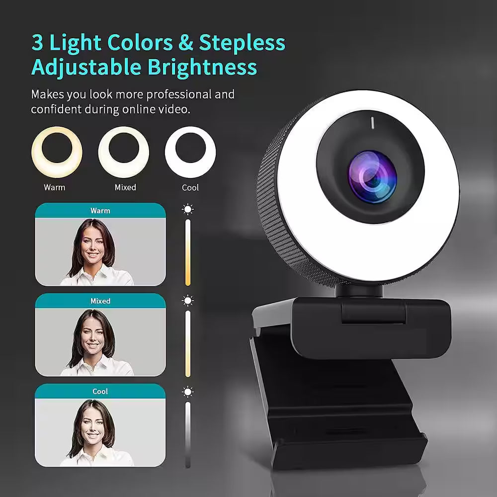 Full HD 1080P 60FPS USB Webcam with Lights in Black (1-Pack)