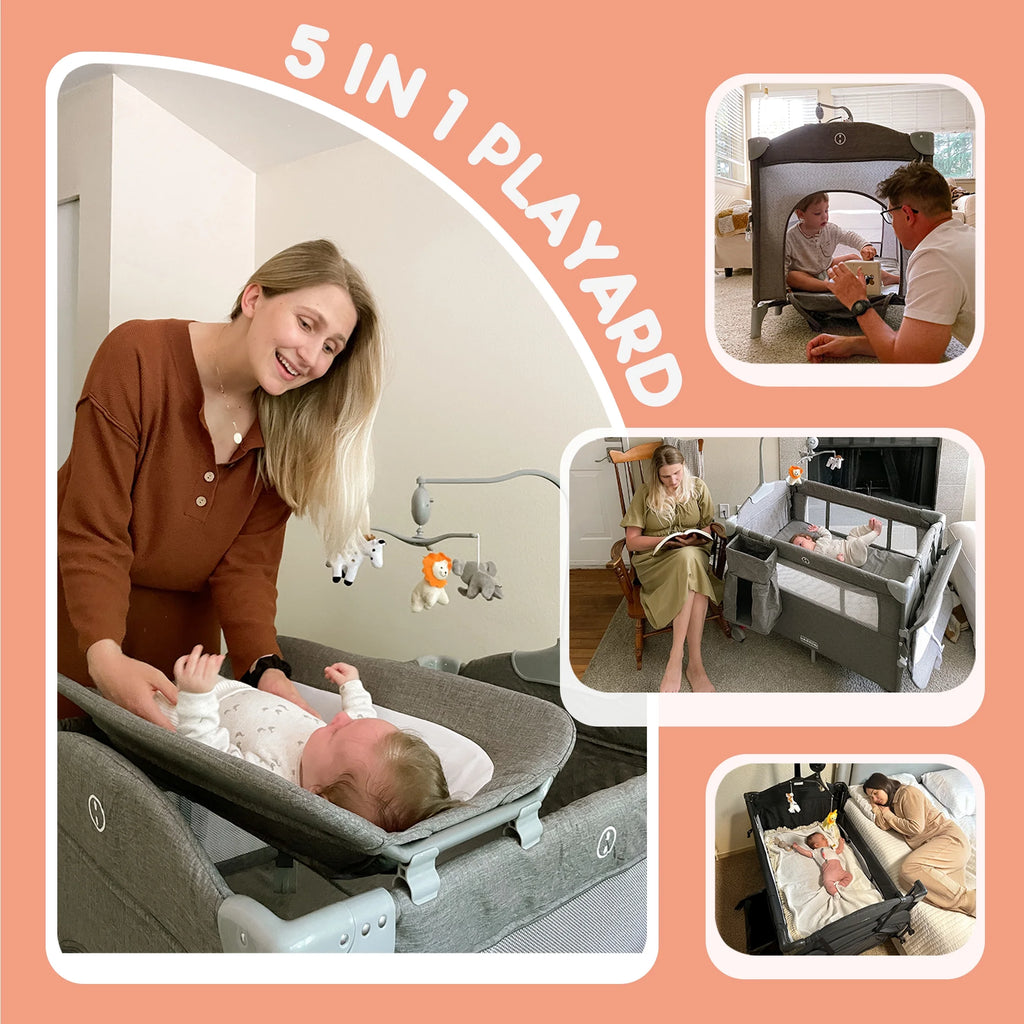 5 in 1 Portable Playard and Bassinet Bedside Sleeper for Newborn to Toddler, Unisex, Gray