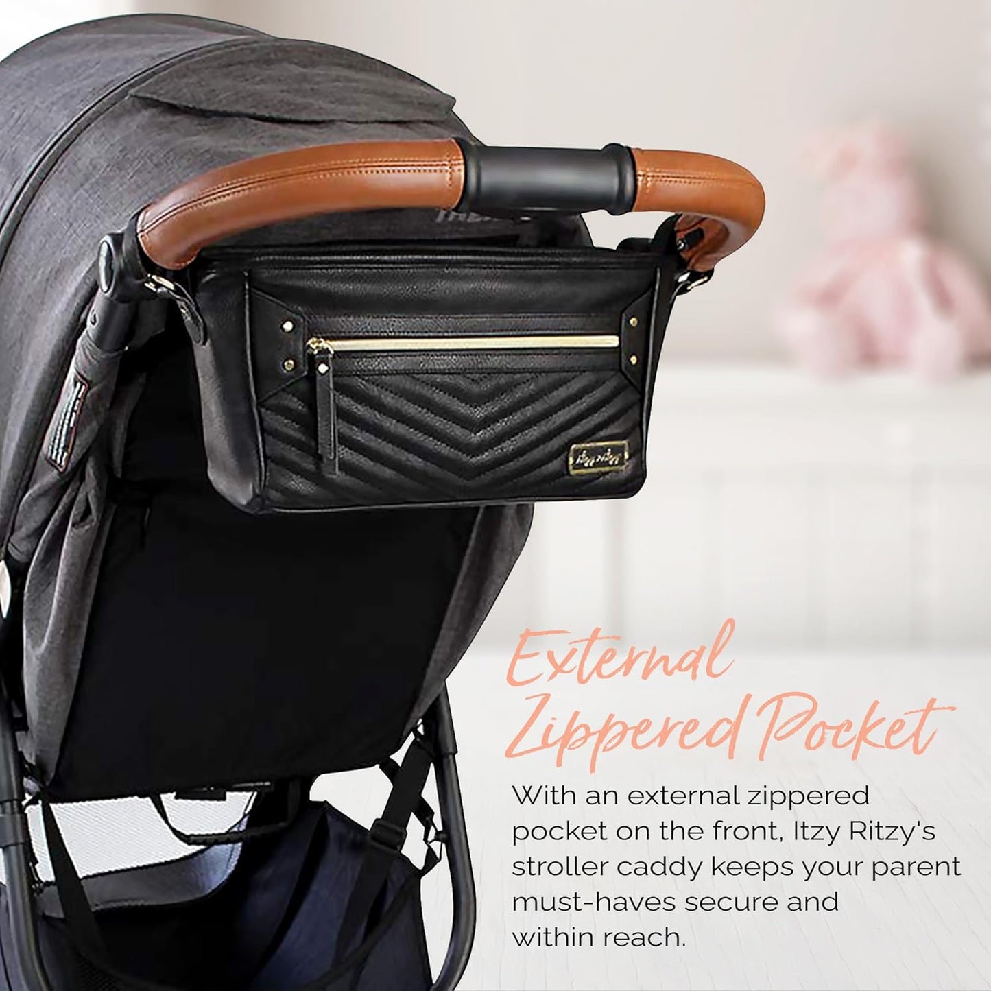 Adjustable Stroller Caddy / Organizer - Stroller Organizer Bag Featuring Front Zippered Pocket, 2 Built-In Interior Pockets & Straps to Fit Nearly Any Model (Black with Gold Hardware)