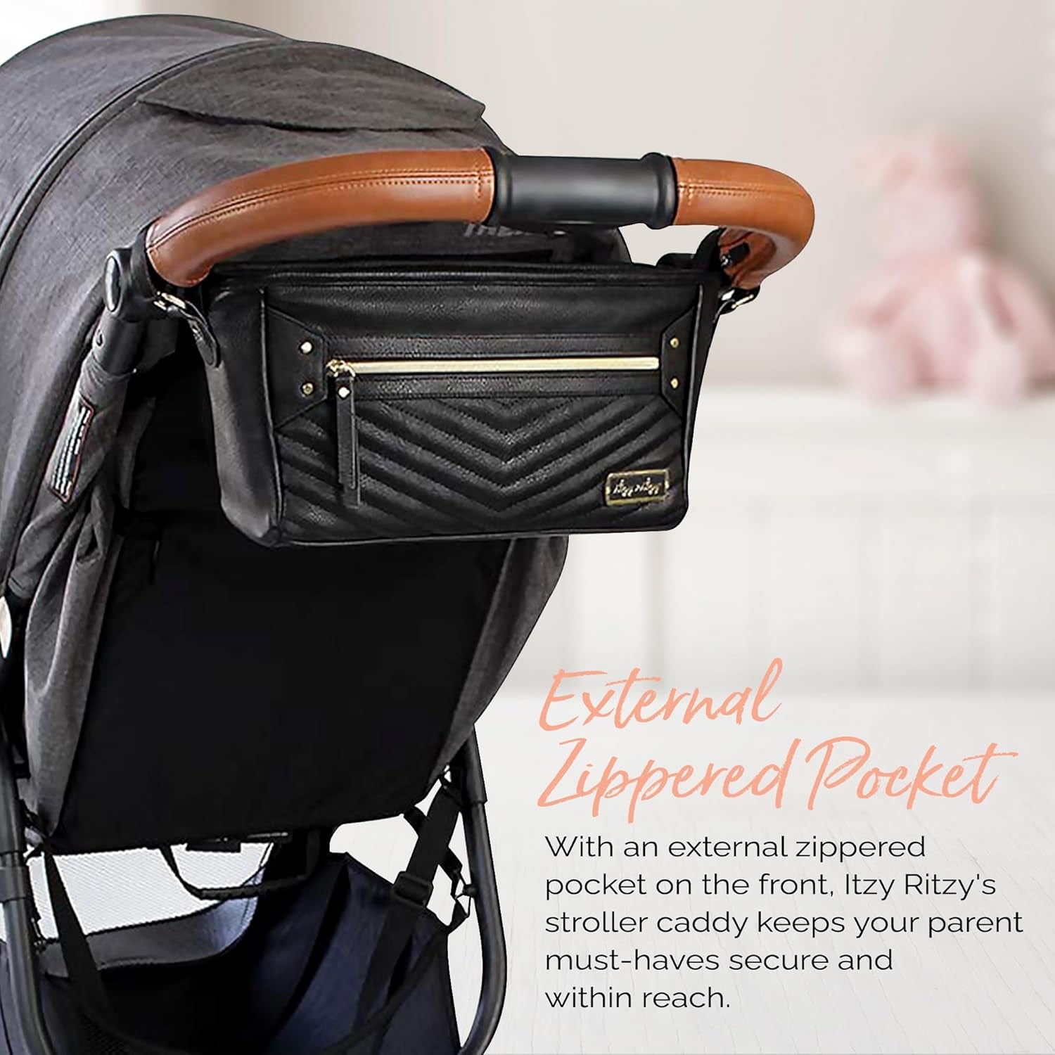 Adjustable Stroller Caddy / Organizer - Stroller Organizer Bag Featuring Front Zippered Pocket, 2 Built-In Interior Pockets & Straps to Fit Nearly Any Model (Black with Gold Hardware)