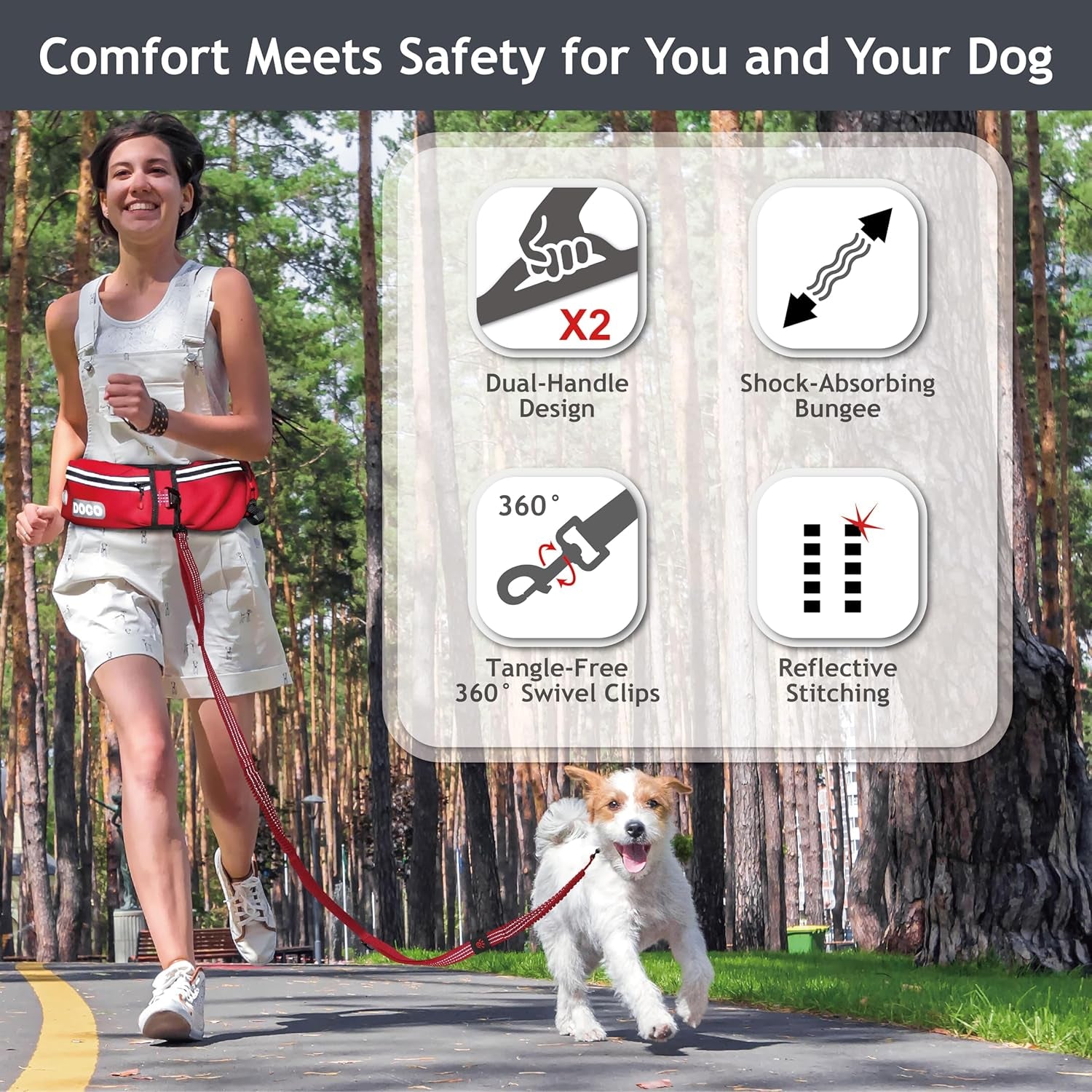 Hands Free Dog Leash (Waist 26”- 48”, Leash- 1”X 5Ft) Waist Belt for Walking, Running, Training & Hiking, Bungee with Dual Handles, Adjustable Fit, Reflective Safety Design for Large Dogs (Black)