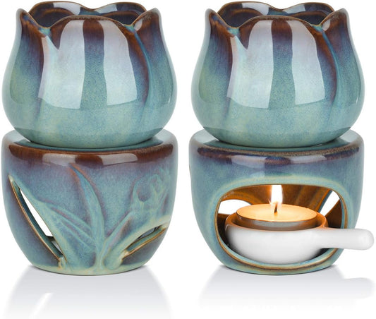 Wax Melt Burners Essential Oil Burner Set of 2, Aromatherapy Aroma Burner Ceramic Oil Diffuser Candle Tealight Holder Home Bedroom Decor Christmas Housewarming Gift