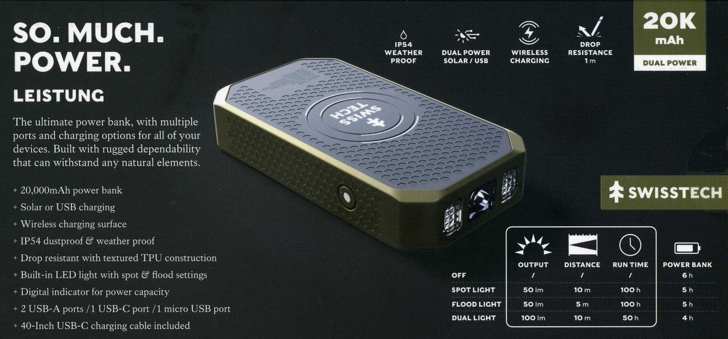 Swiss Tech 20000 Mah SOLAR PORTABLE POWER BANK / WIRELESS CHARGER WEATHER PROOF