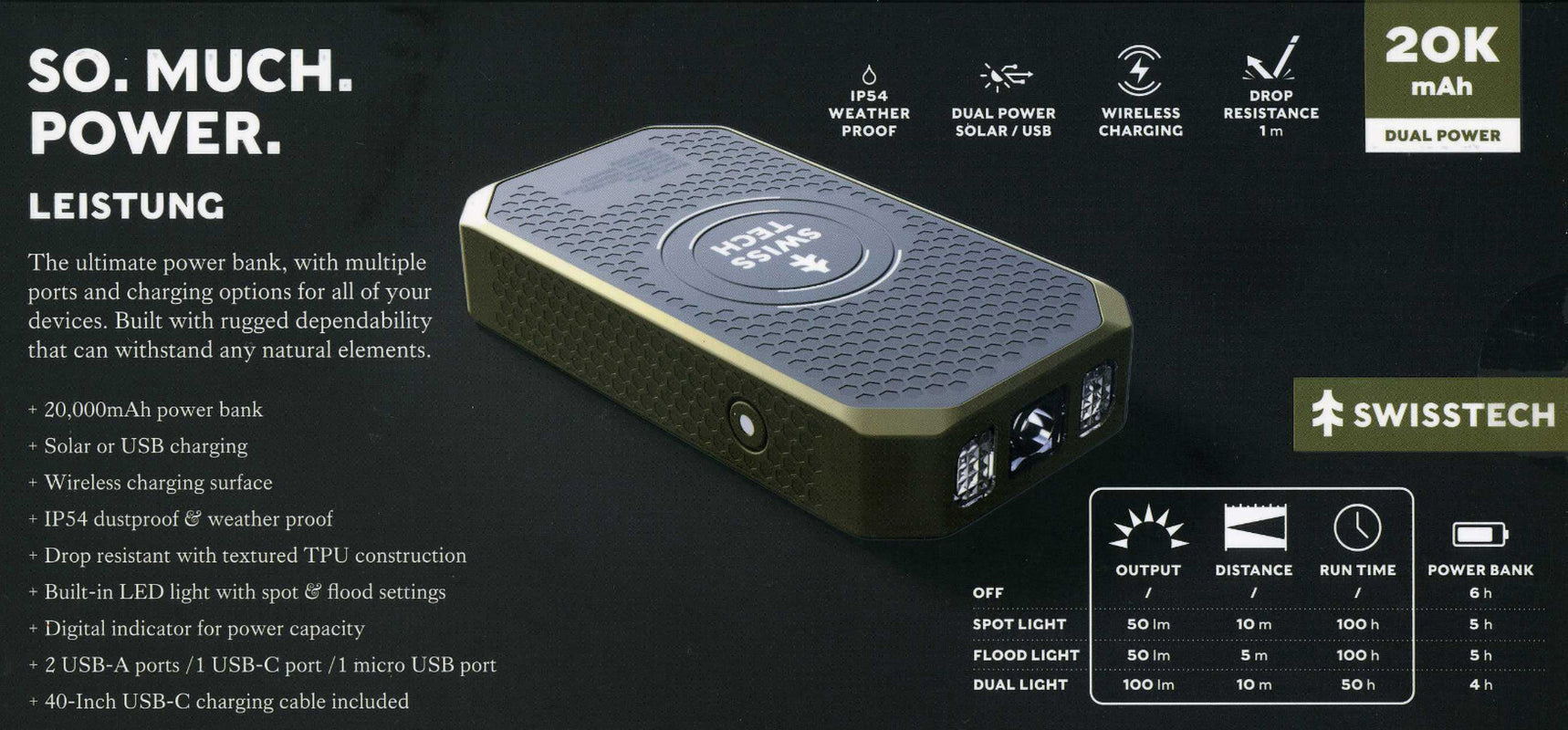 Swiss Tech 20000 Mah SOLAR PORTABLE POWER BANK / WIRELESS CHARGER WEATHER PROOF