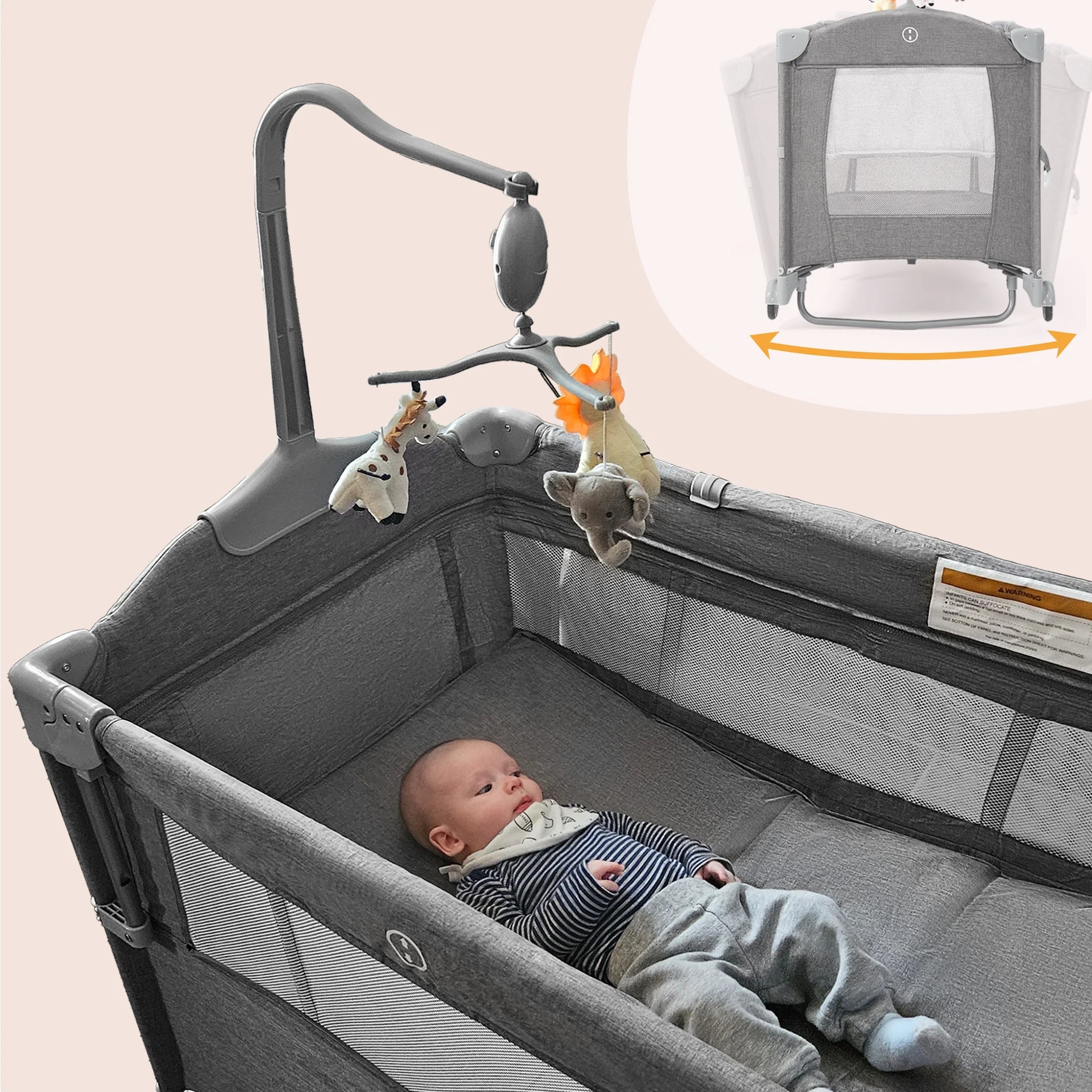 5 in 1 Portable Playard and Bassinet Bedside Sleeper for Newborn to Toddler, Unisex, Gray
