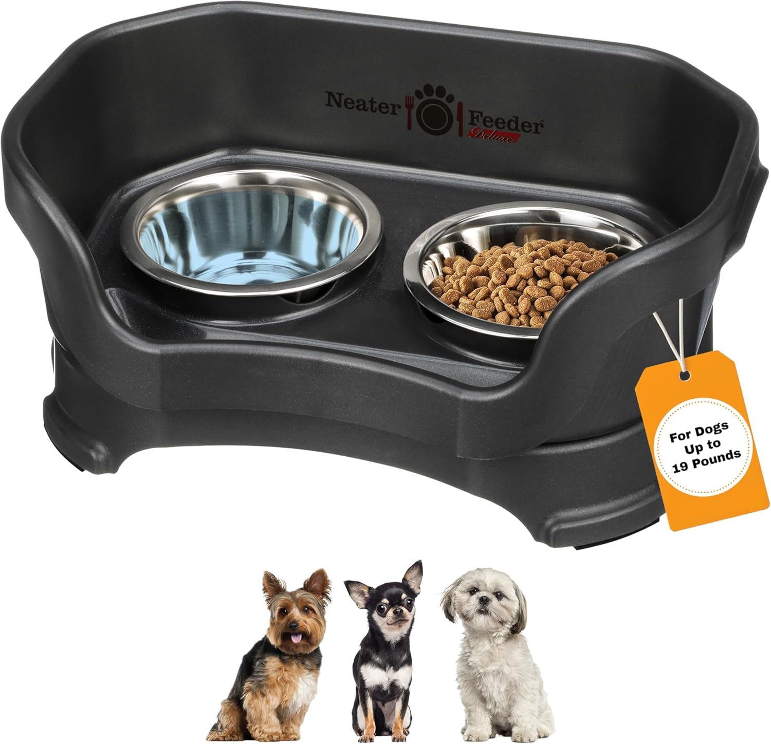 Neater Feeder Deluxe Mess Proof Dog Bowls Elevated for Small Dogs under 19 Lbs, Made in USA, No Spill Raised Dog Food Bowl Stand Feeding Station, Food and Water Bowl Set, Grey