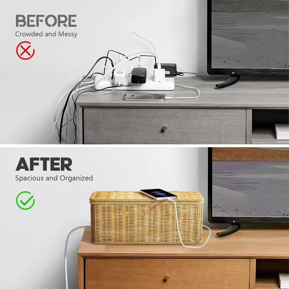 Cable Management Box, 2 0.51 Ft. Open Slots Cord Organizer Hider Box with Handwoven (Light Brown)