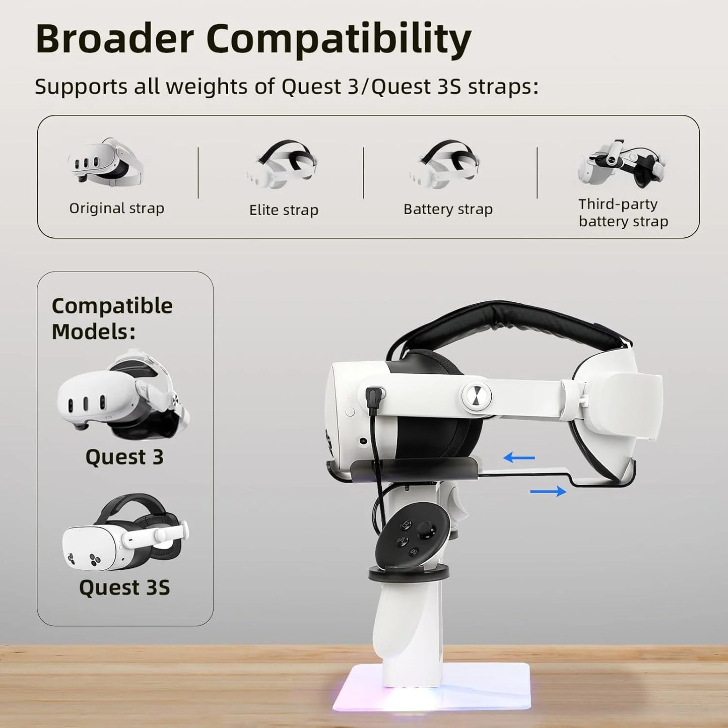 VR Stand Headset Charging Dock for Quest 3S/Quest 3/Quest 2, VR Headset Display Stand and Stable Bracket Storage Base, Bottom RGB LED Light